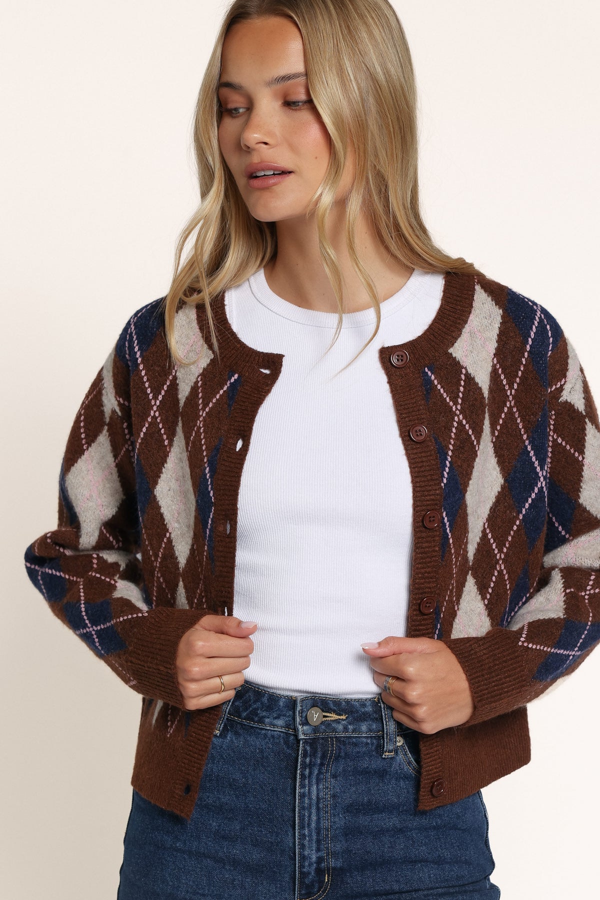 KNITWEAR Juno Cardigan - Brown Argyle