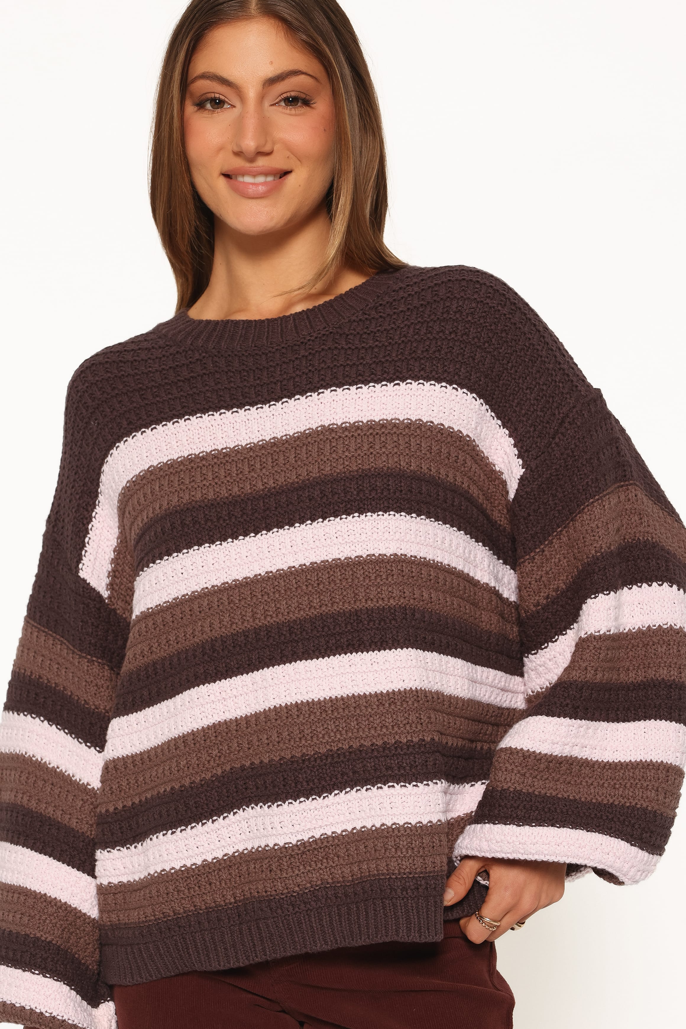 KNITWEAR Kadie Textured Knit Sweater - Chocolate Pink Stripe