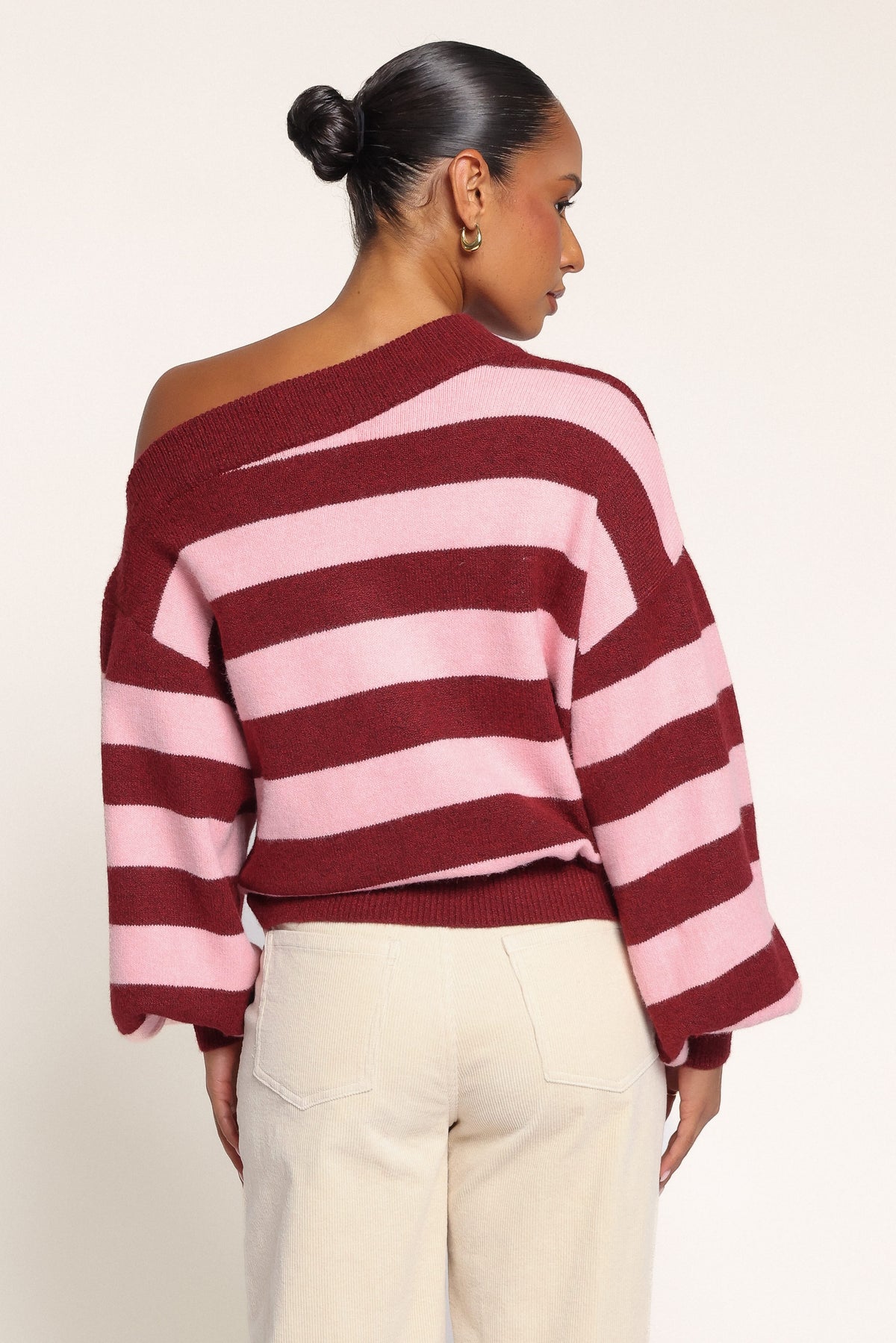 KNITWEAR Misha Off Shoulder Sweater - Pink Burgundy Stripe