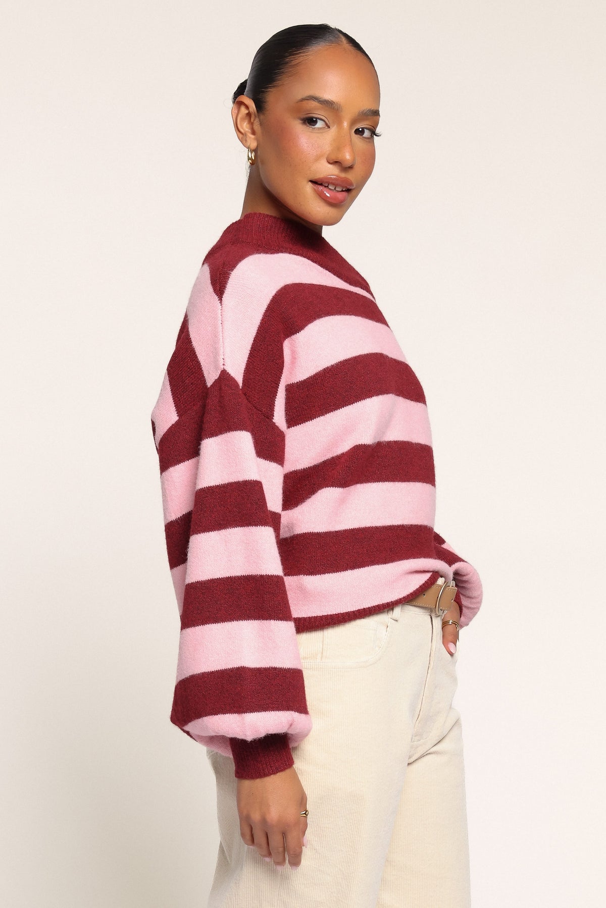 KNITWEAR Misha Off Shoulder Sweater - Pink Burgundy Stripe
