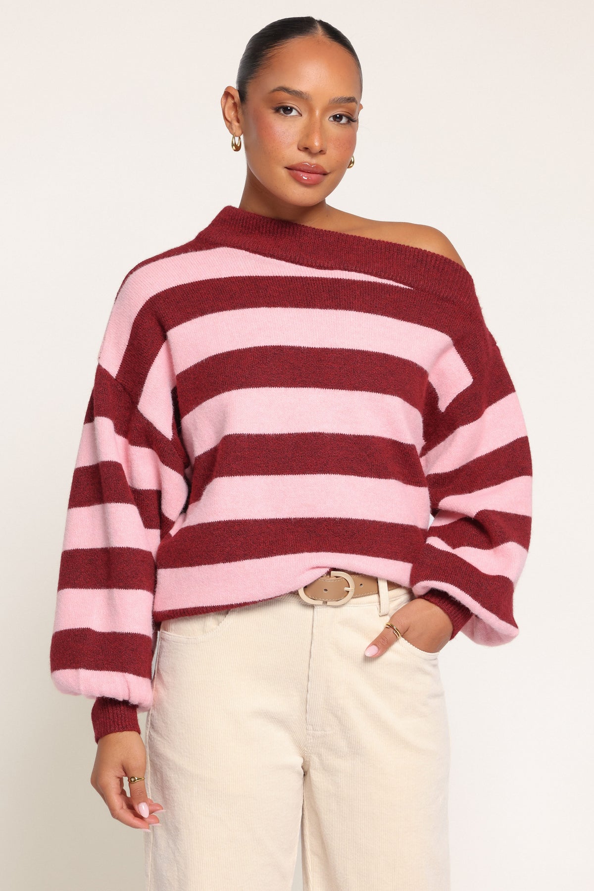 KNITWEAR Misha Off Shoulder Sweater - Pink Burgundy Stripe