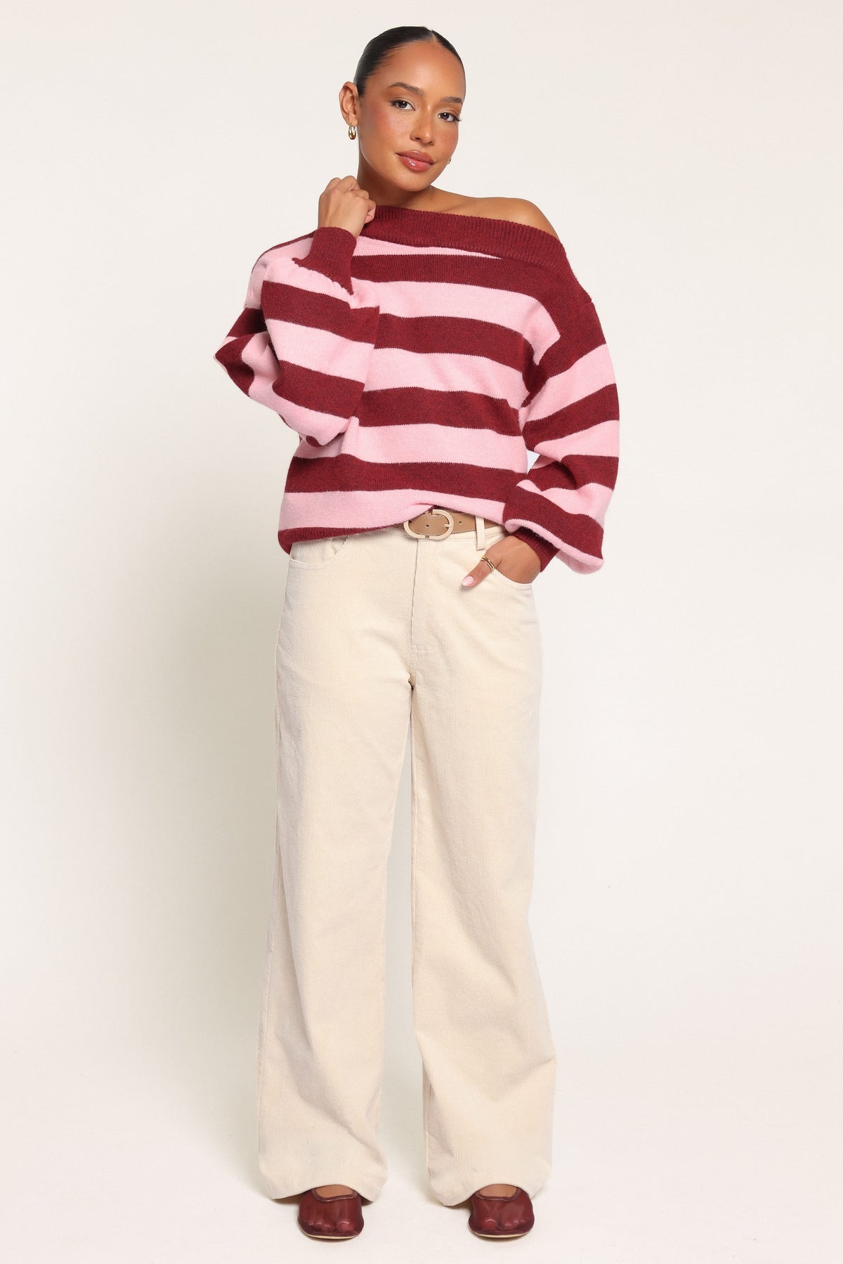 KNITWEAR Misha Off Shoulder Sweater - Pink Burgundy Stripe
