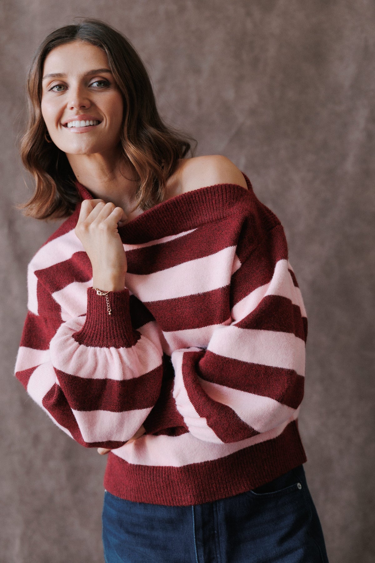 KNITWEAR Misha Off Shoulder Sweater - Pink Burgundy Stripe
