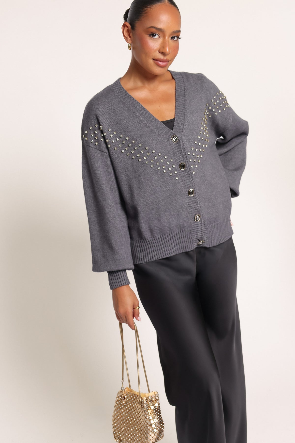 KNITWEAR Noriko Embellished V-Neck Cardigan - Charcoal
