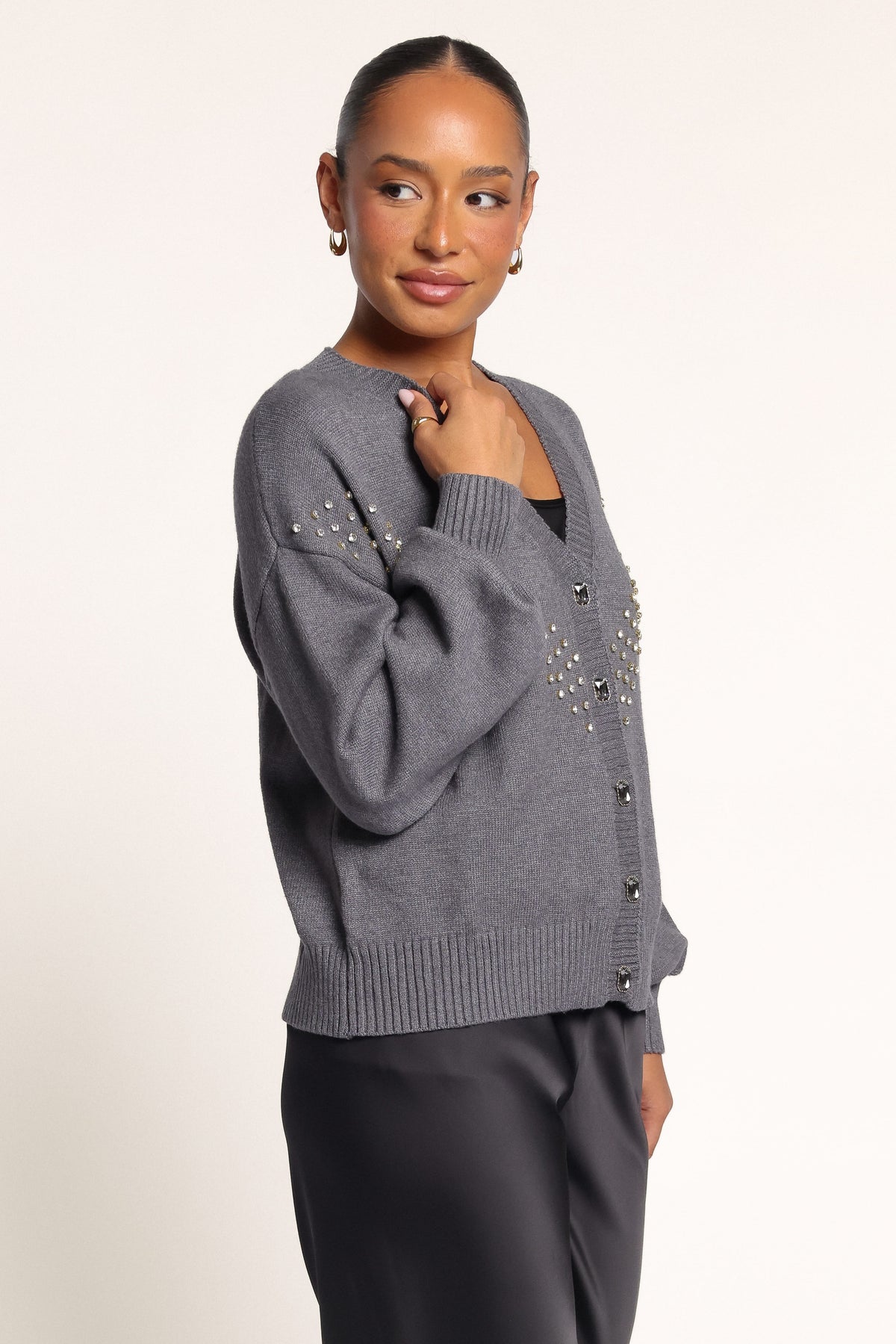 KNITWEAR Noriko Embellished V-Neck Cardigan - Charcoal