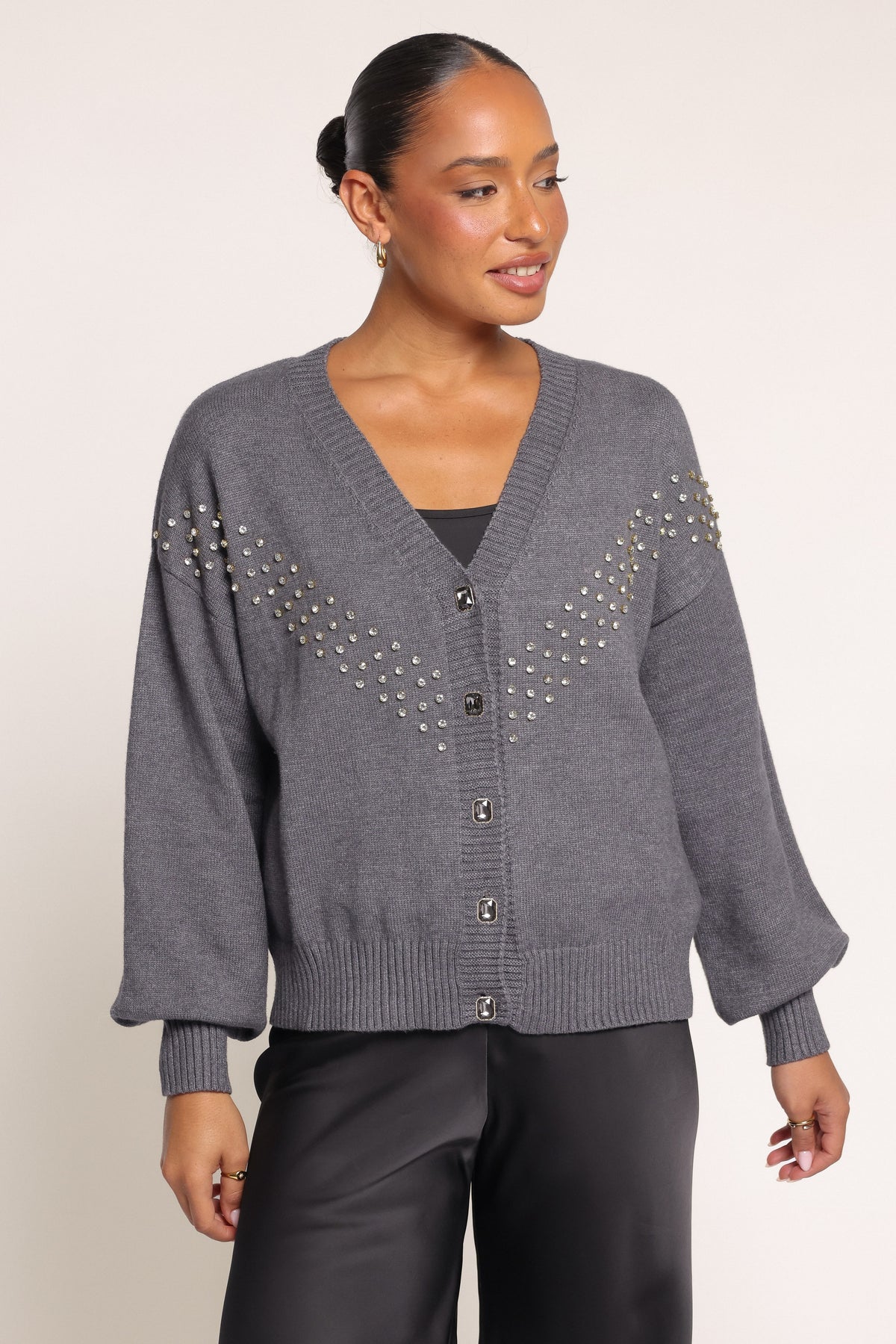 KNITWEAR Noriko Embellished V-Neck Cardigan - Charcoal