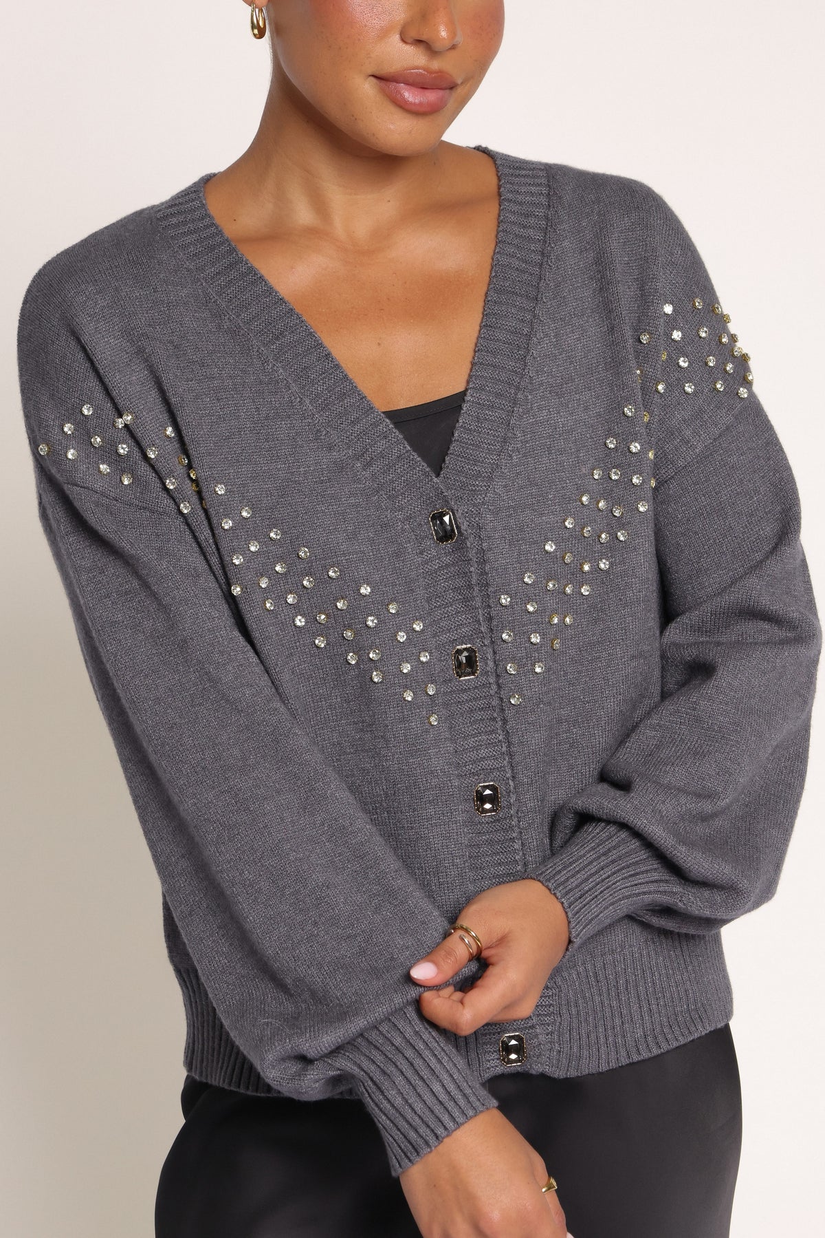 KNITWEAR Noriko Embellished V-Neck Cardigan - Charcoal
