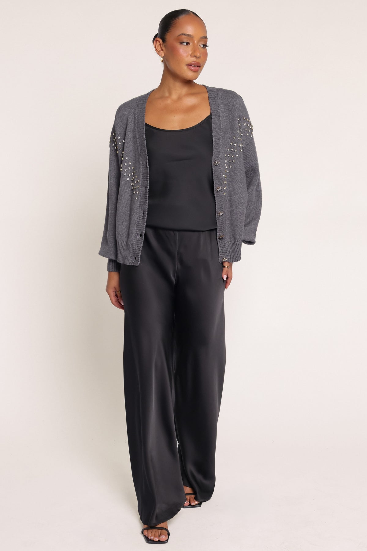 KNITWEAR Noriko Embellished V-Neck Cardigan - Charcoal