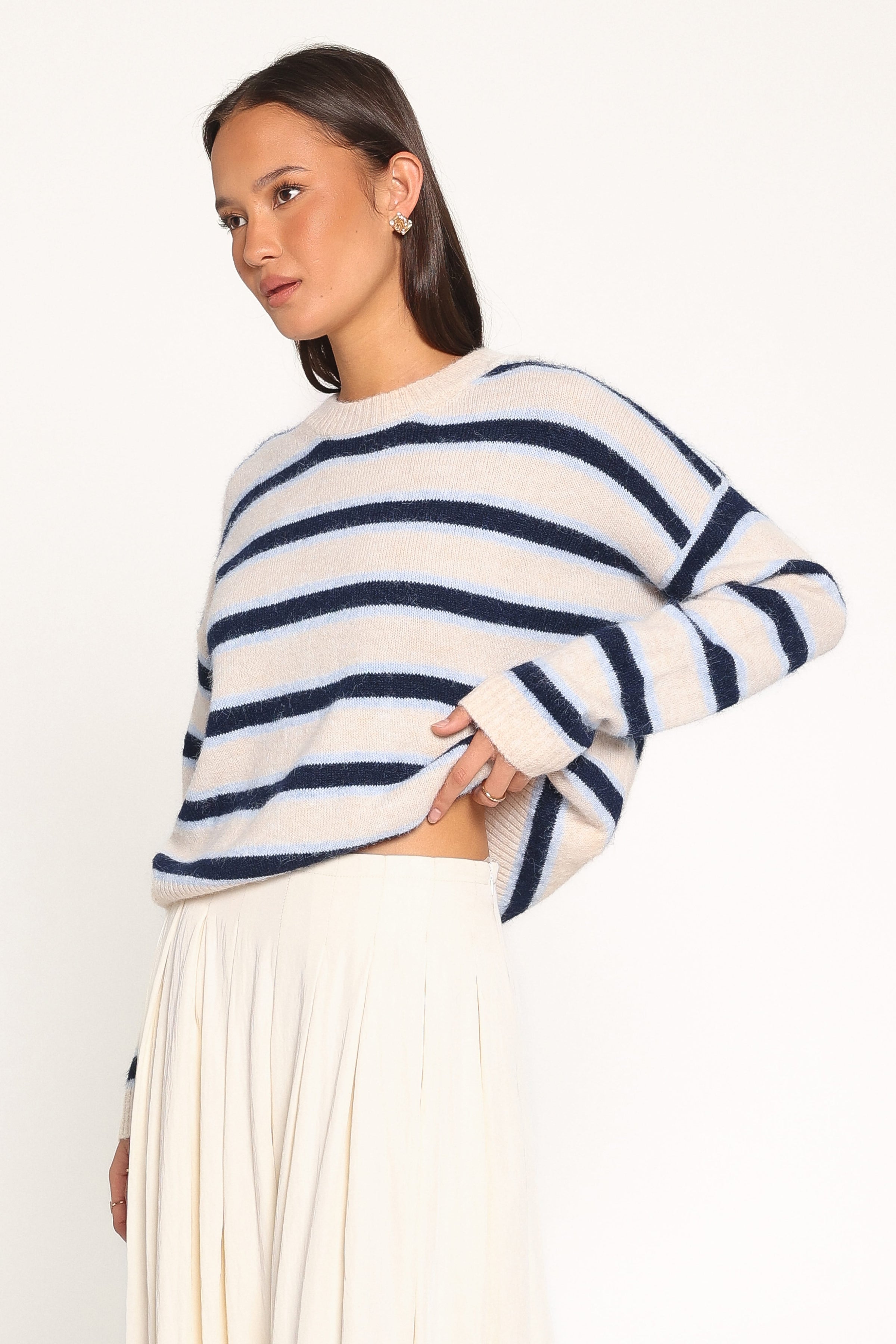 KNITWEAR Renae Knit Sweater - White Blue Stripe