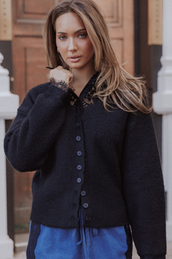 KNITWEAR Salome Lace Trimmed Cardigan - Black