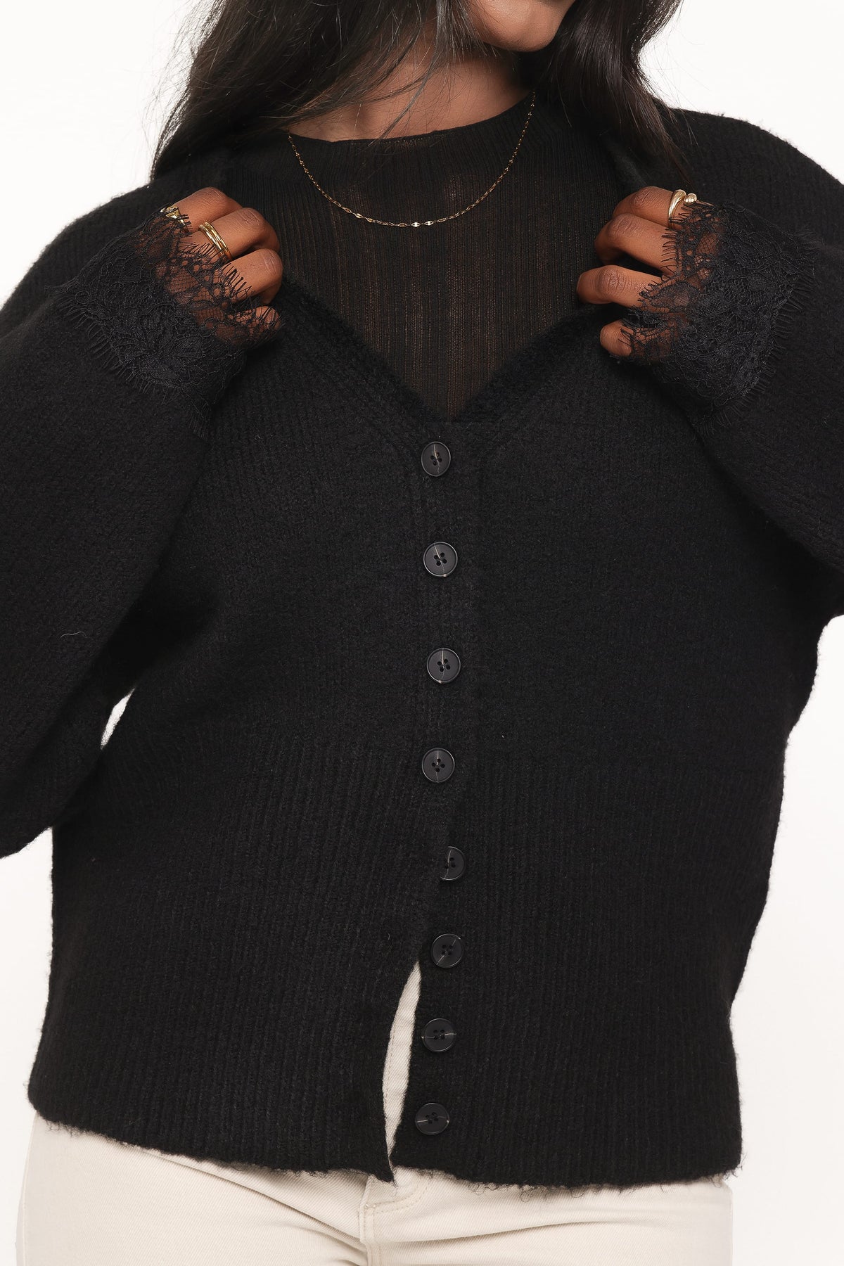 KNITWEAR Salome Lace Trimmed Cardigan - Black