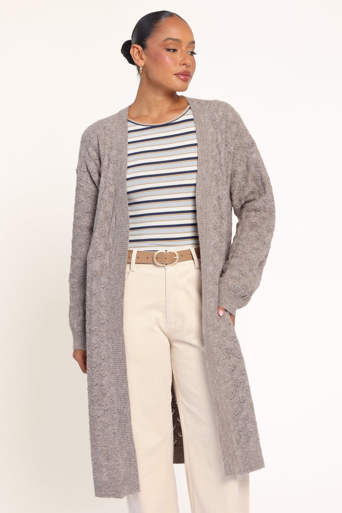KNITWEAR Sarina Long Line Cardigan - Beige Marle