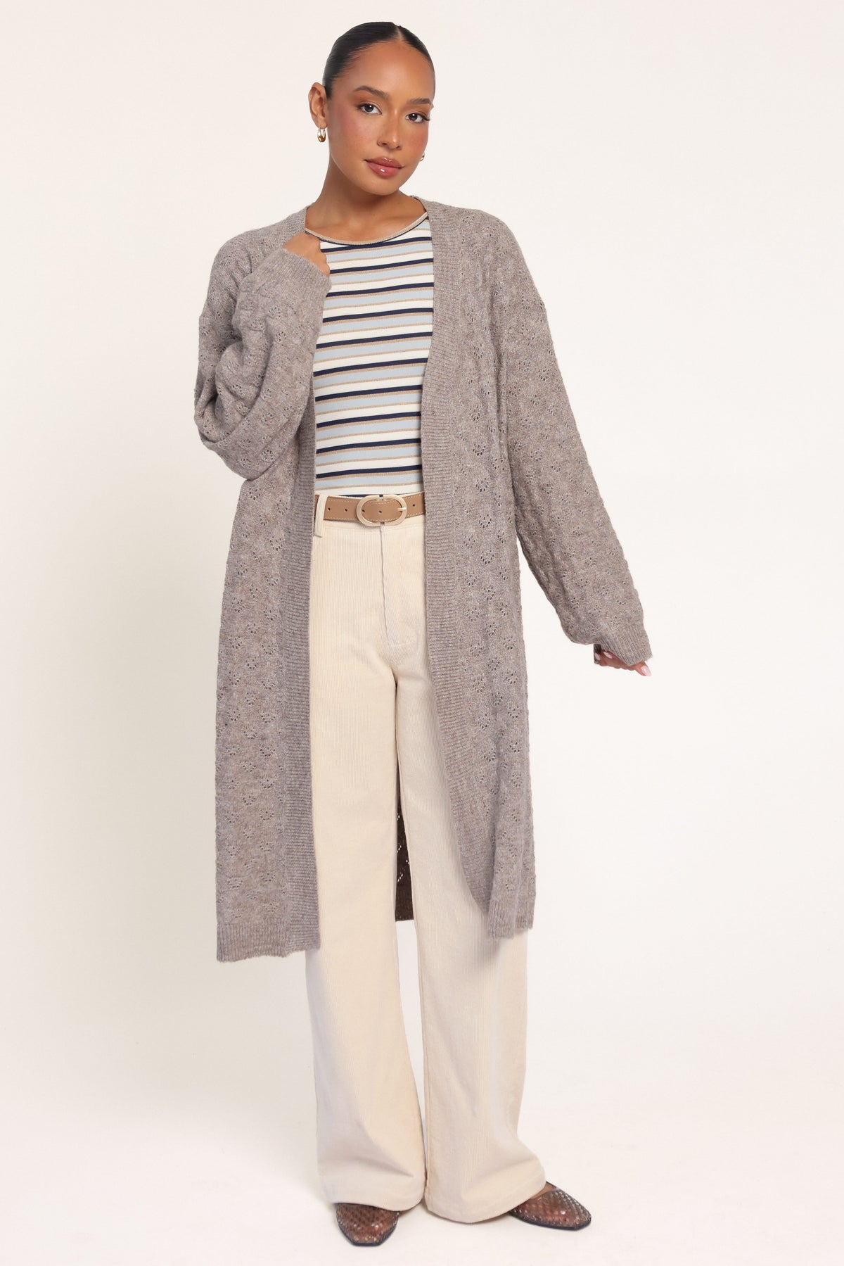 KNITWEAR Sarina Long Line Cardigan - Beige Marle