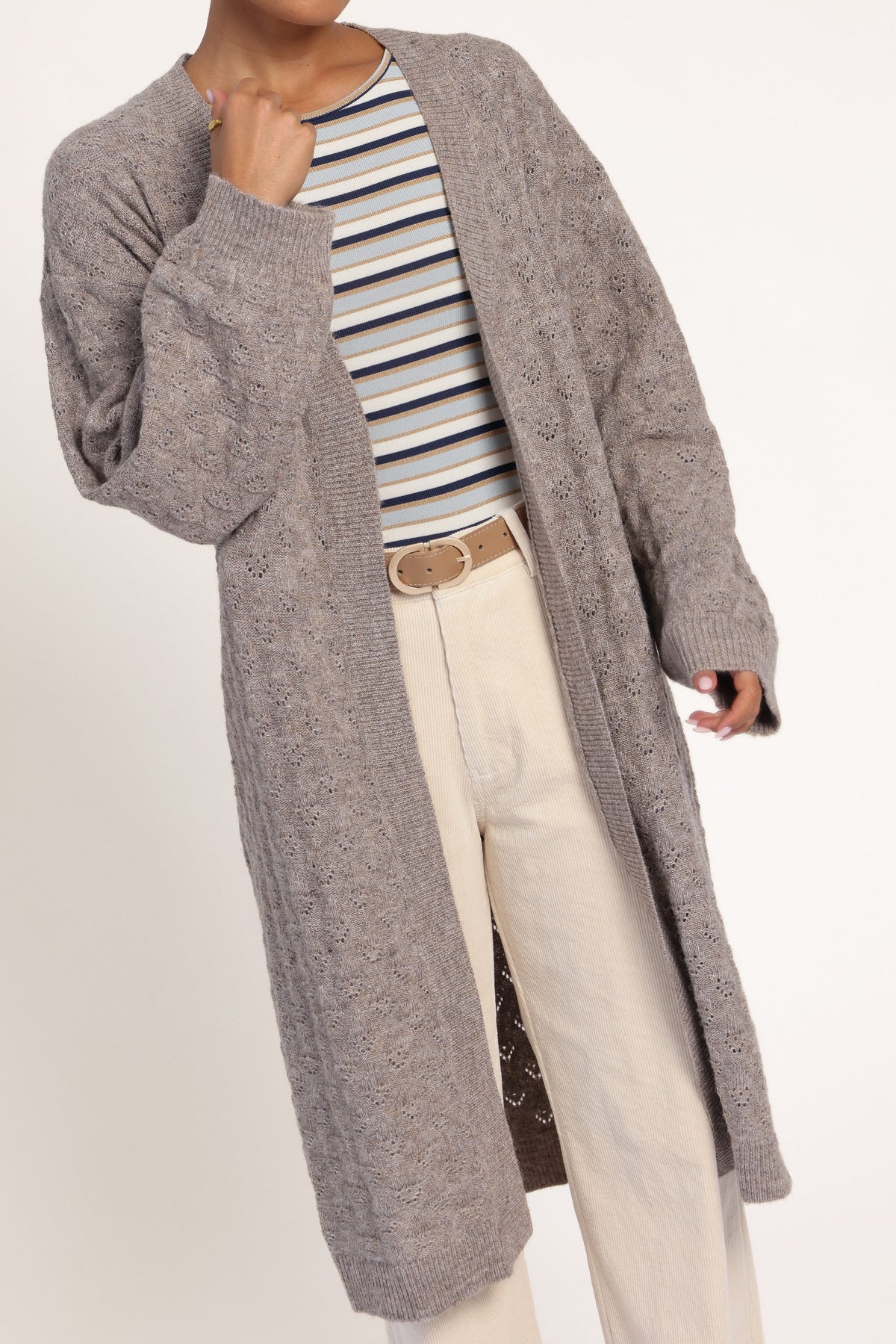 KNITWEAR Sarina Long Line Cardigan - Beige Marle