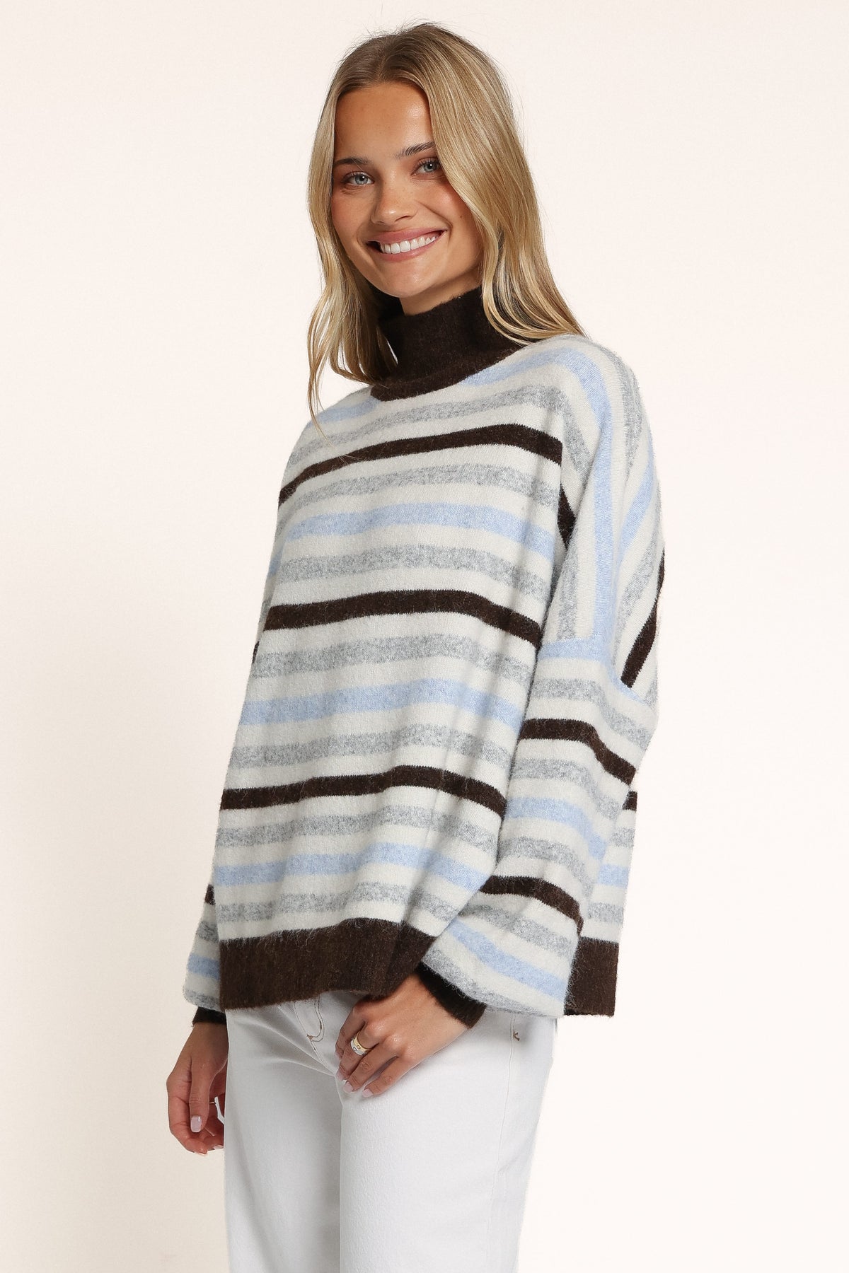 KNITWEAR Tasha Mockneck Sweater - Brown Stripe