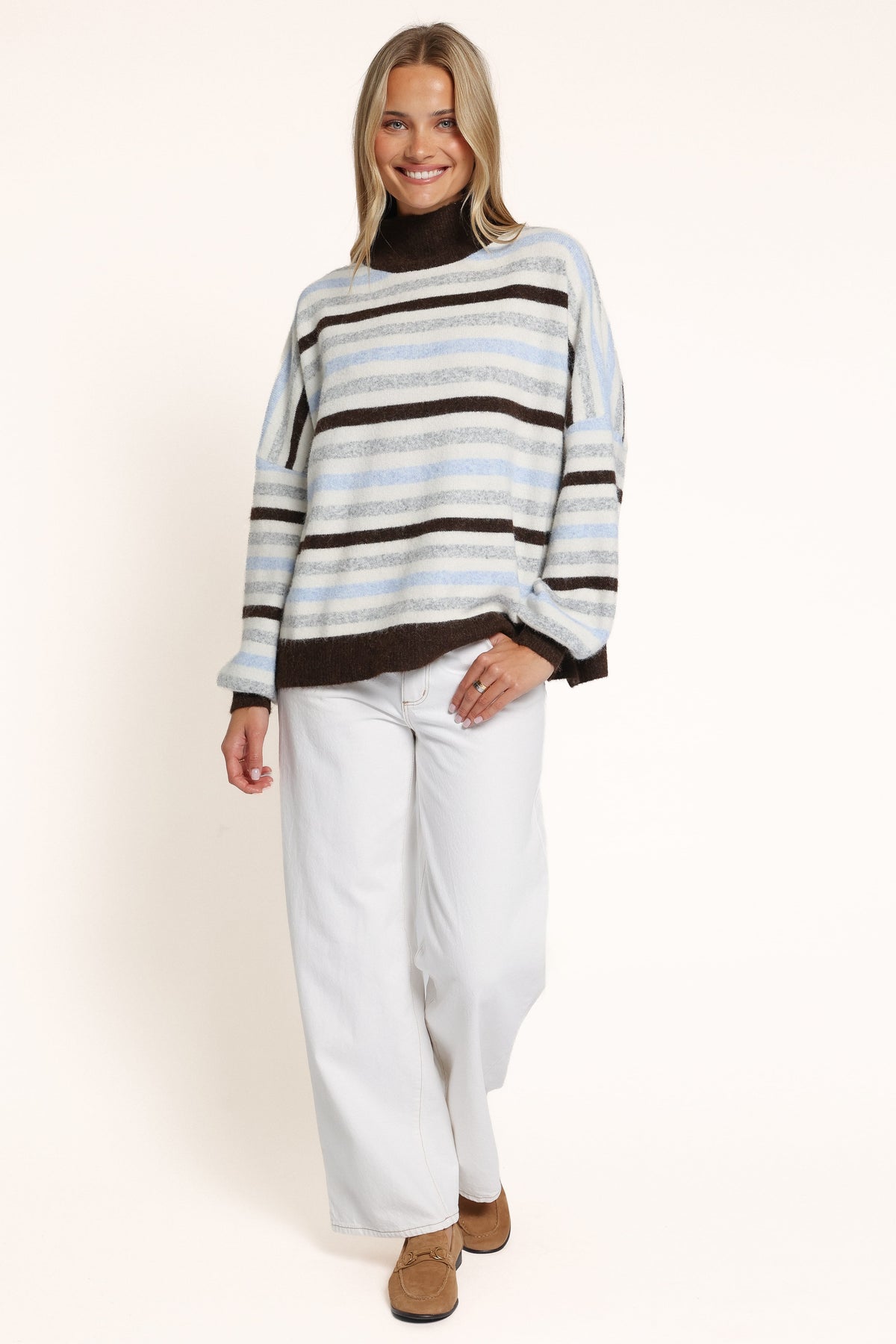 KNITWEAR Tasha Mockneck Sweater - Brown Stripe