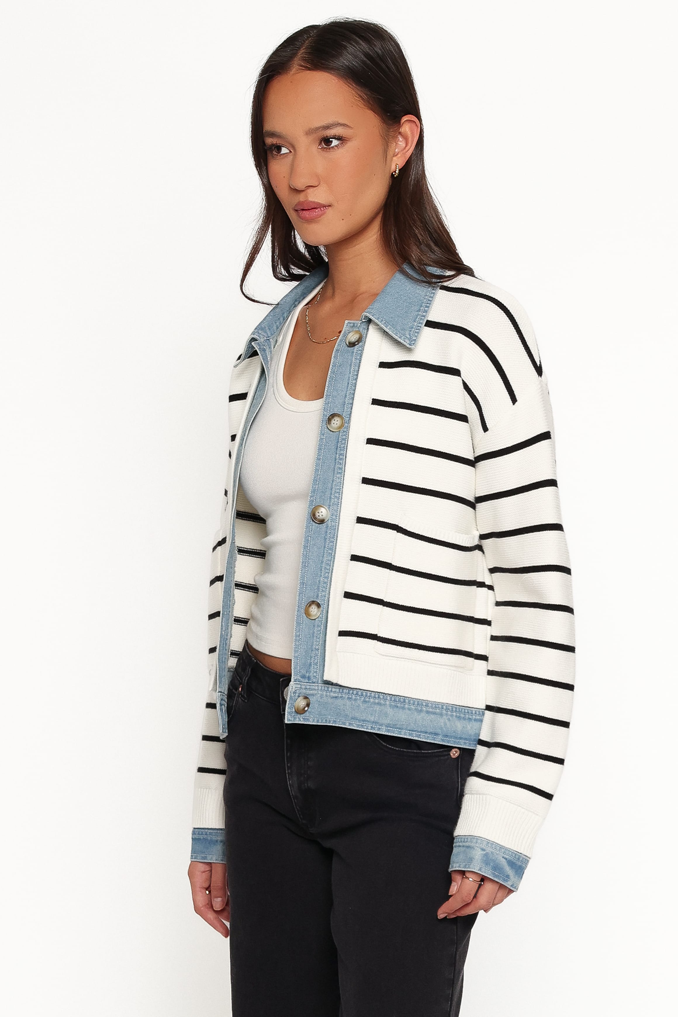 KNITWEAR Uma Denim Collar Cardigan - Cream