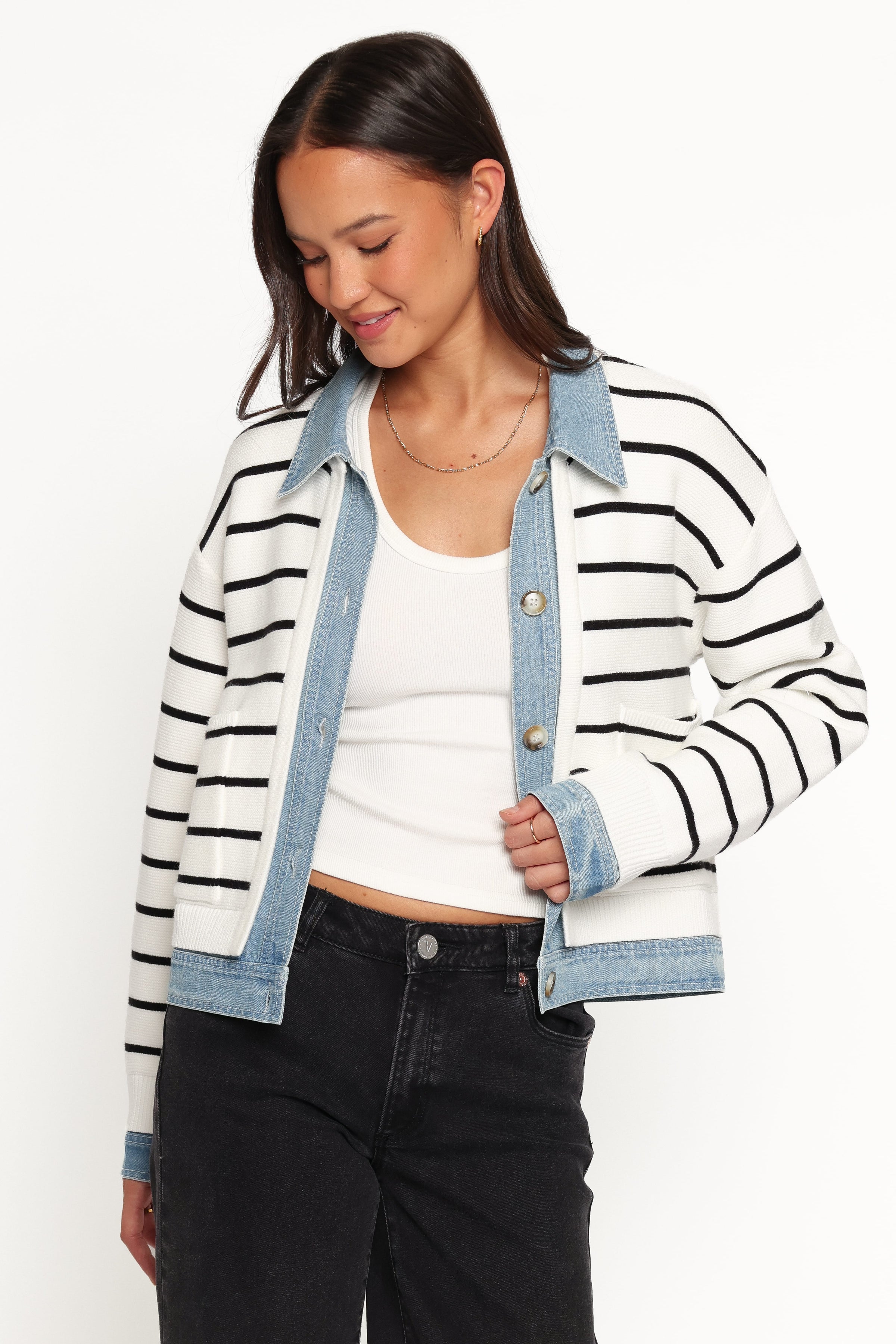 KNITWEAR Uma Denim Collar Cardigan - Cream