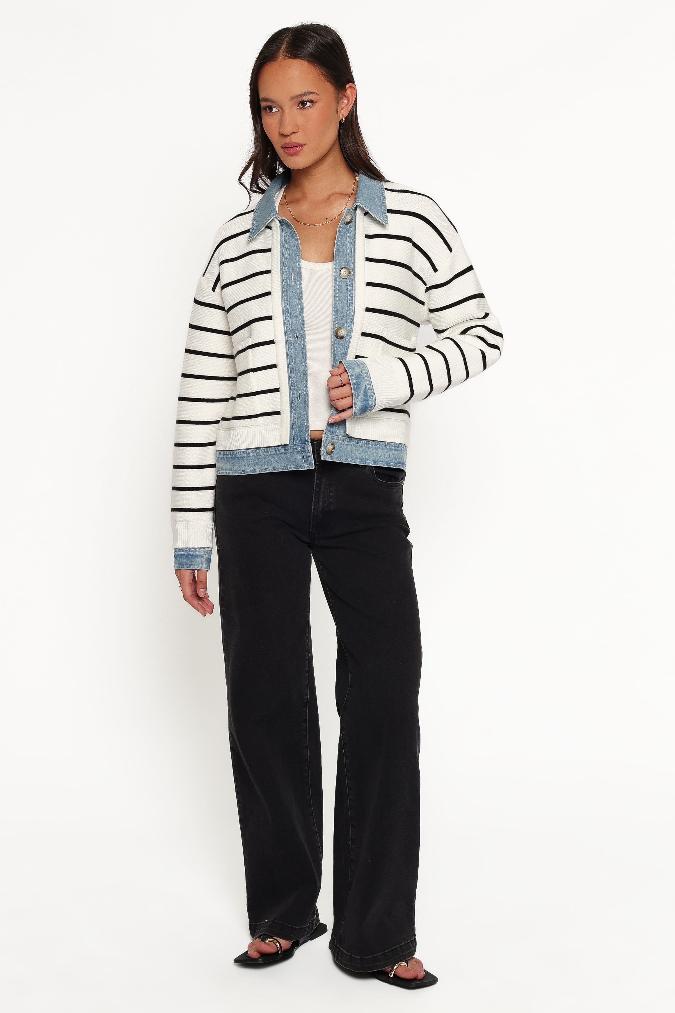 KNITWEAR Uma Denim Collar Cardigan - Cream
