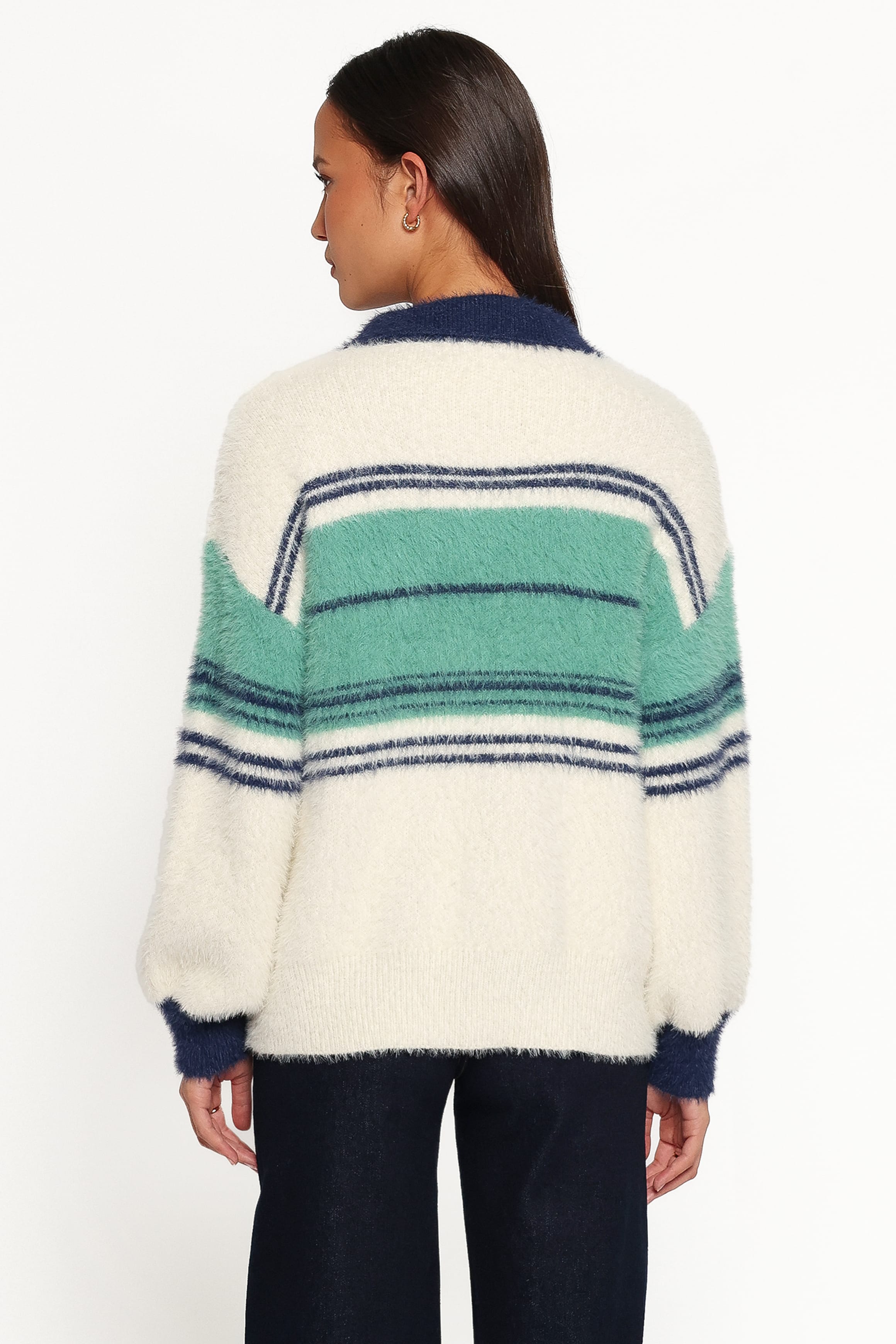 KNITWEAR Vickie 1/4 Zip Sweater - Cream Green Stripe