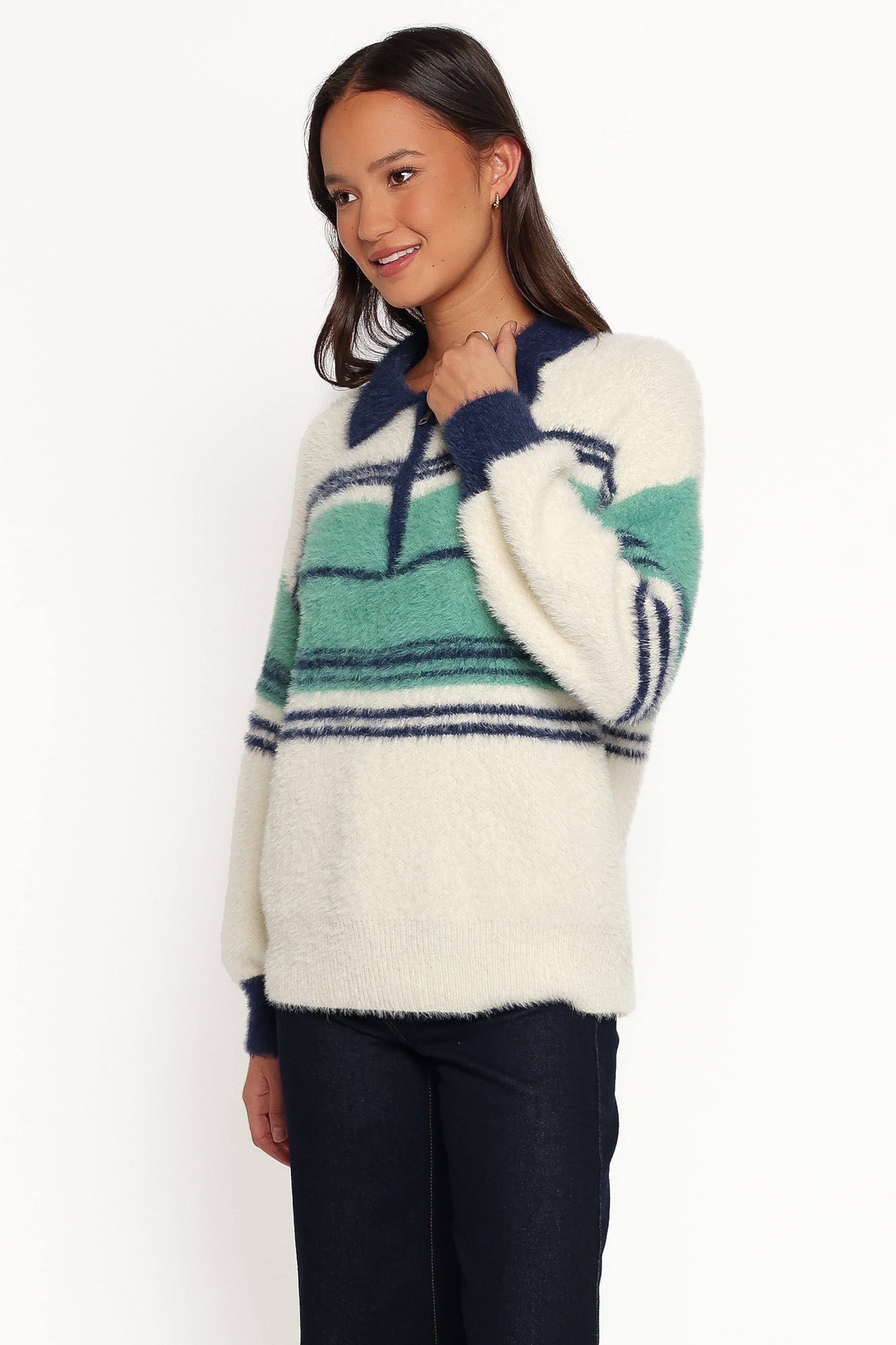KNITWEAR Vickie 1/4 Zip Sweater - Cream Green Stripe