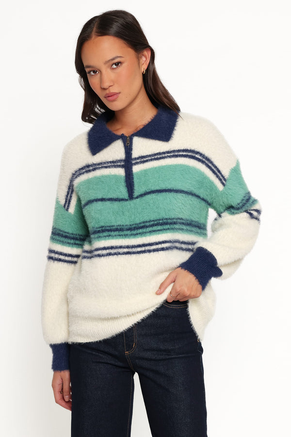 KNITWEAR Vickie 1/4 Zip Sweater - Cream Green Stripe