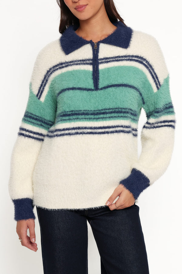 KNITWEAR Vickie 1/4 Zip Sweater - Cream Green Stripe