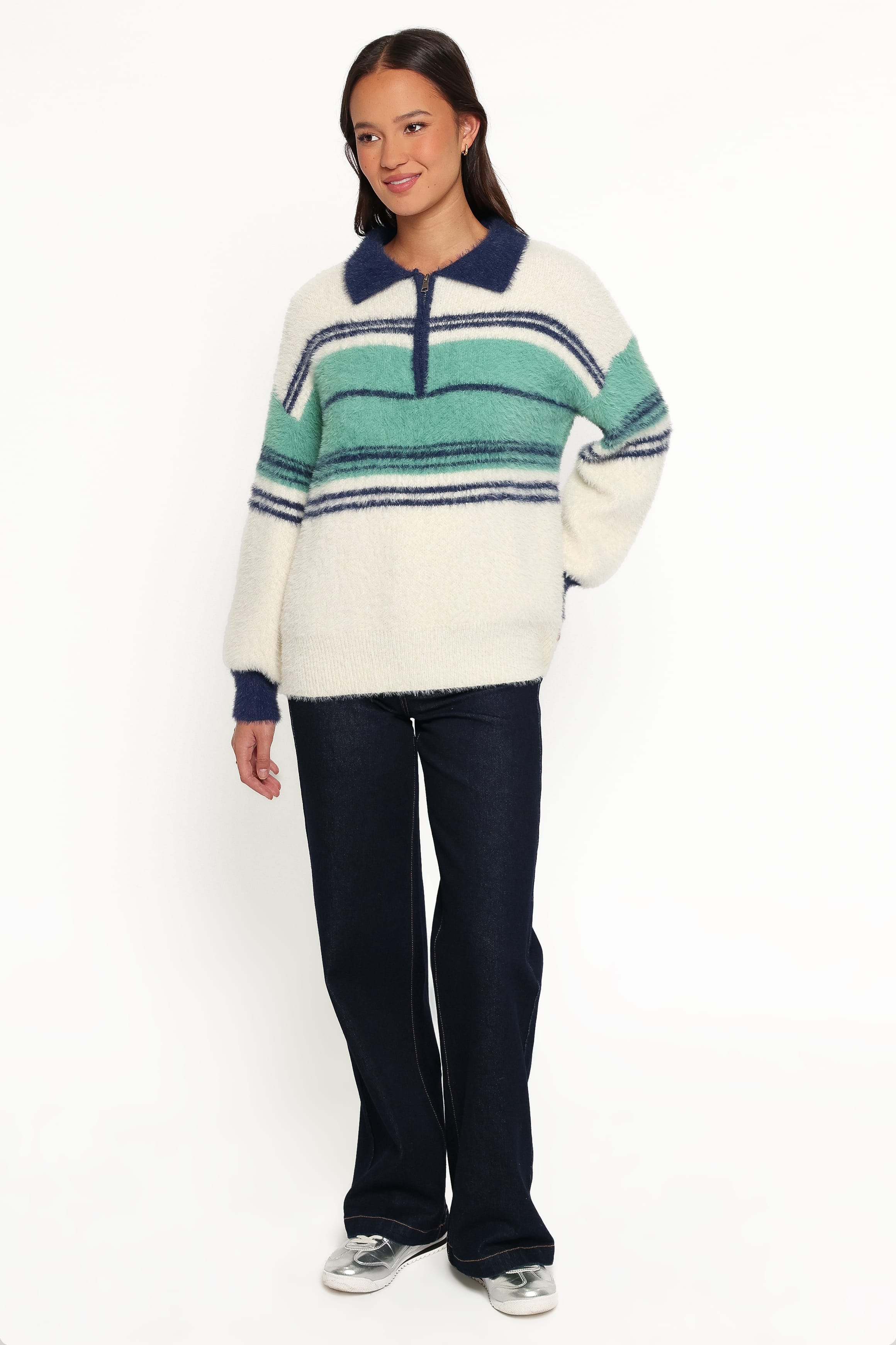 KNITWEAR Vickie 1/4 Zip Sweater - Cream Green Stripe