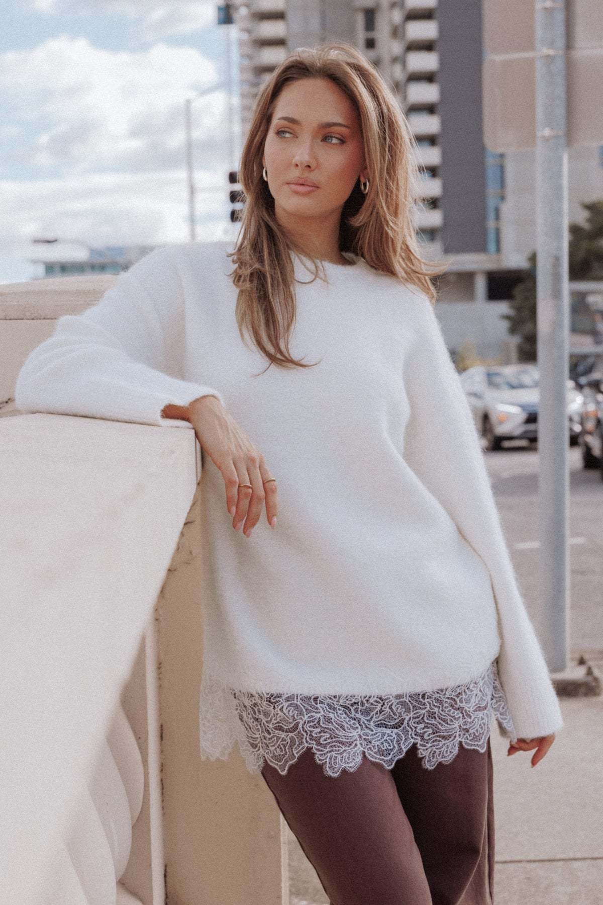 KNITWEAR Zela Lace Trimmed Fluffy Jumper - Cream