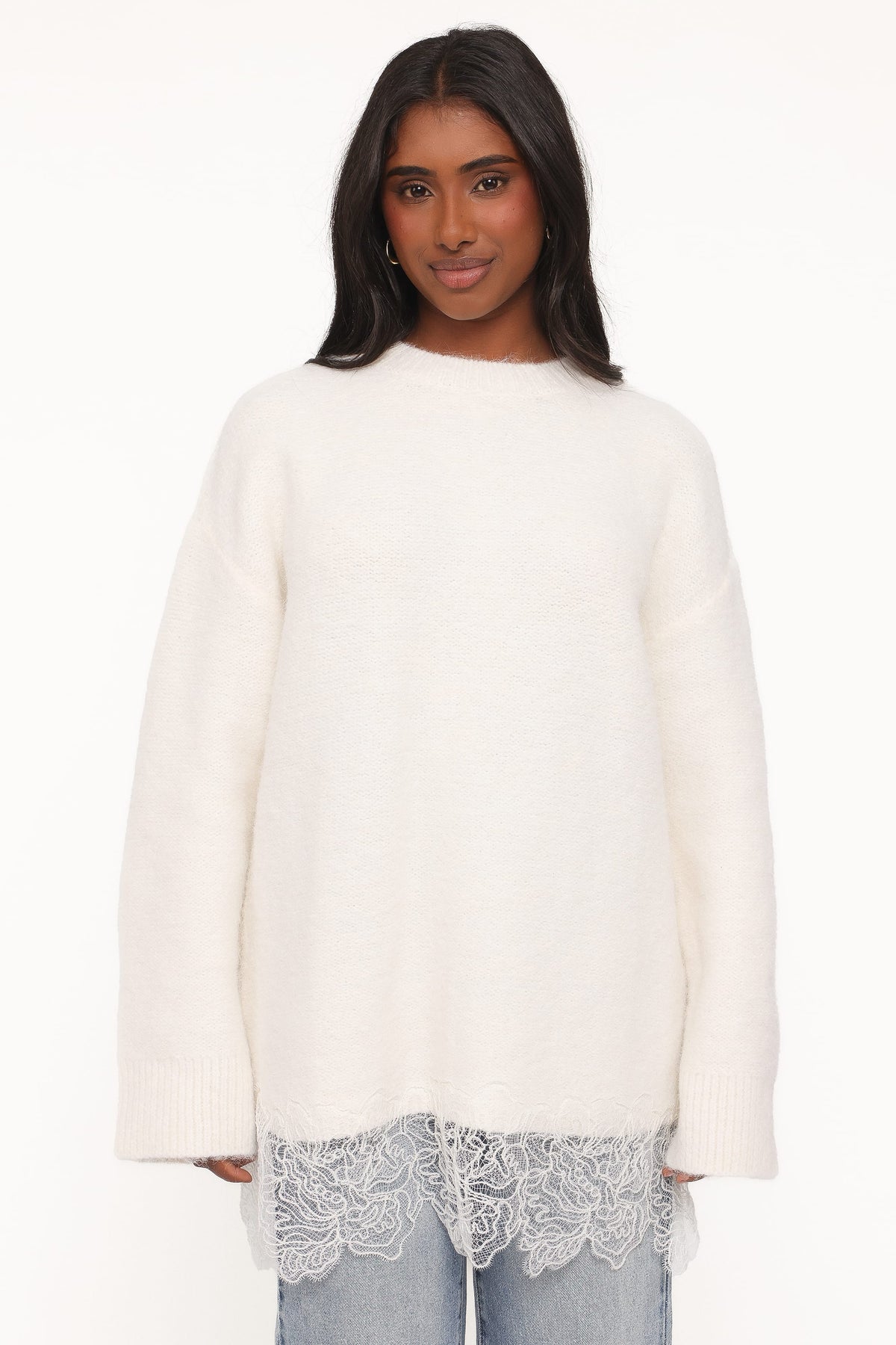 KNITWEAR Zela Lace Trimmed Fluffy Jumper - Cream