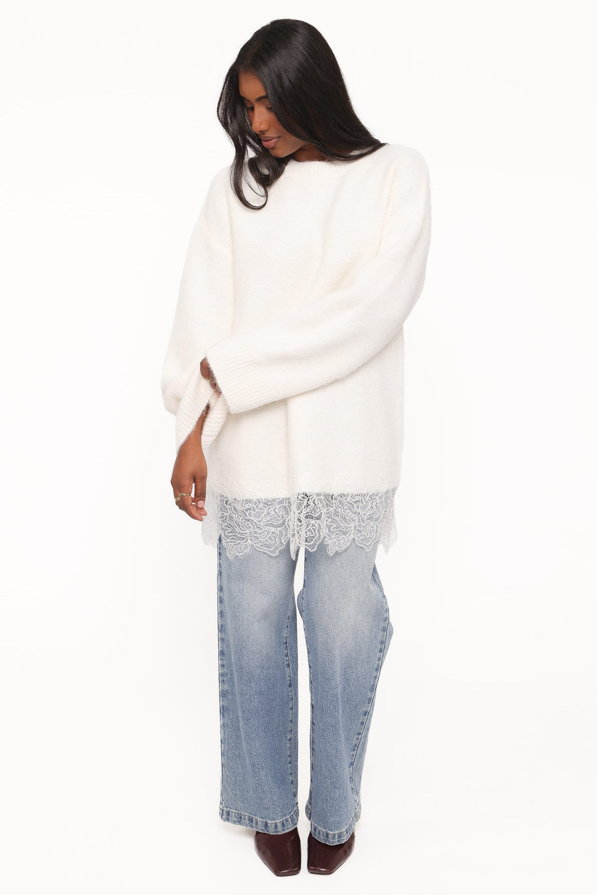KNITWEAR Zela Lace Trimmed Fluffy Jumper - Cream