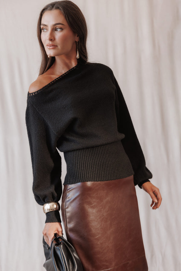 KNITWEAR Zinnia Off Shoulder Sweater - Black