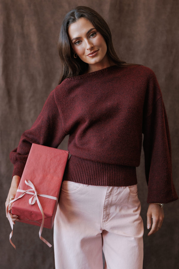 KNITWEAR Zinnia Off Shoulder Sweater - Burgundy