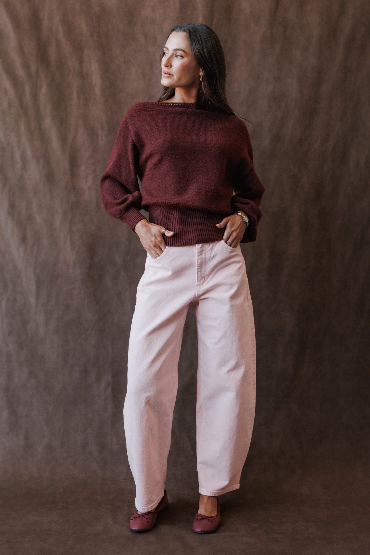 KNITWEAR Zinnia Off Shoulder Sweater - Burgundy