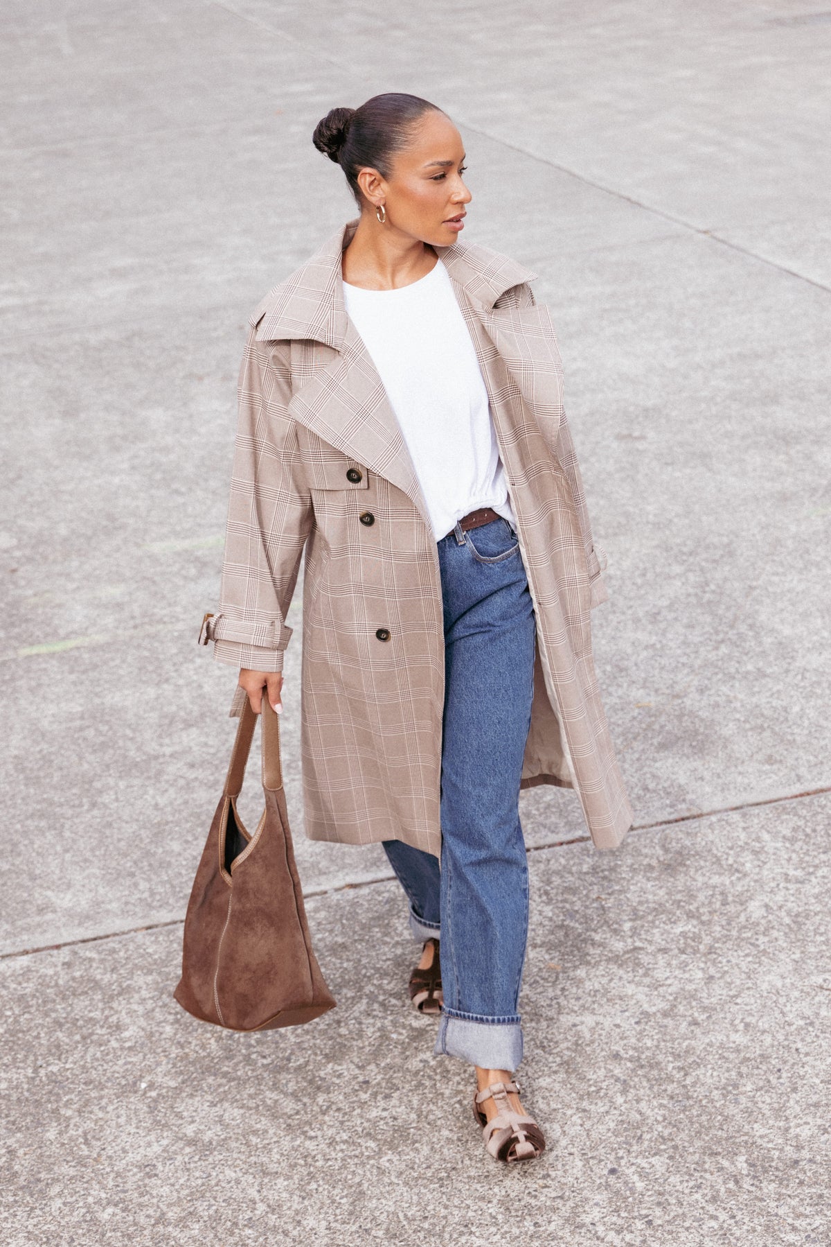 OUTERWEAR Billy Button Front Trench Coat - Brown Plaid