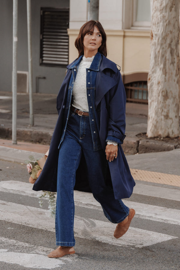 OUTERWEAR Billy Button Front Trench Coat - Navy