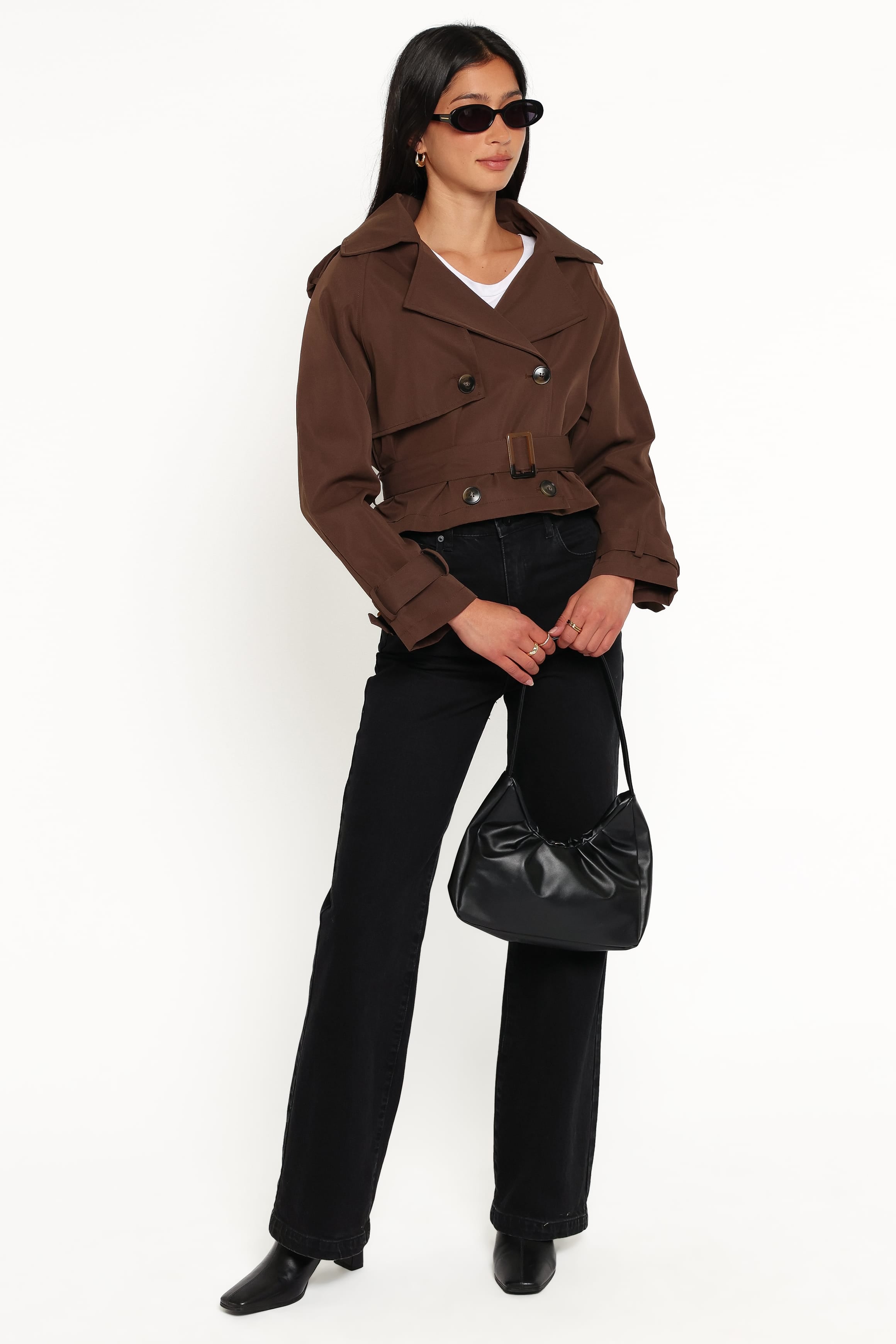 OUTERWEAR Charlie Cropped Trench Coat - Dark Brown