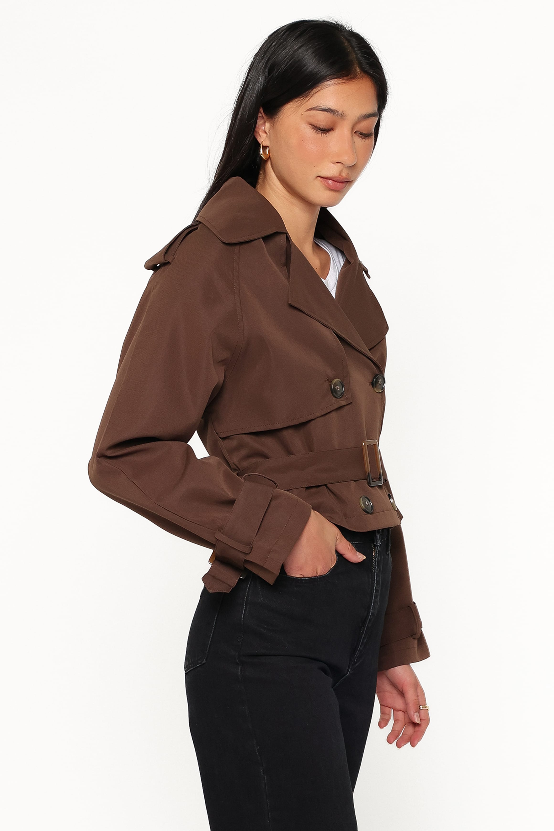 OUTERWEAR Charlie Cropped Trench Coat - Dark Brown