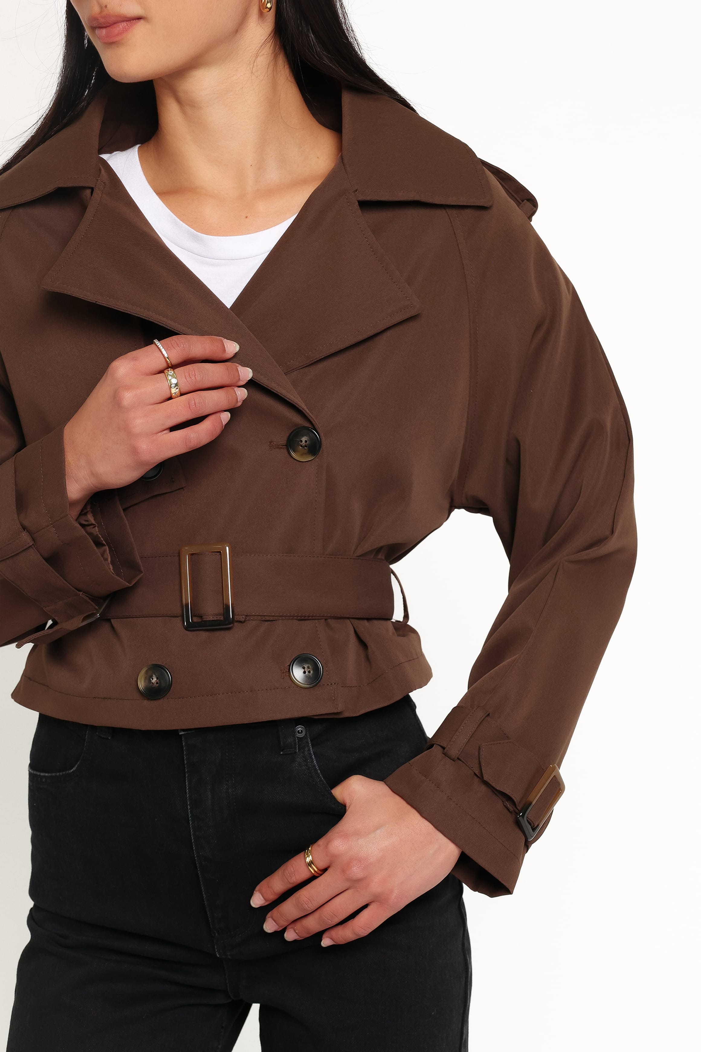 OUTERWEAR Charlie Cropped Trench Coat - Dark Brown