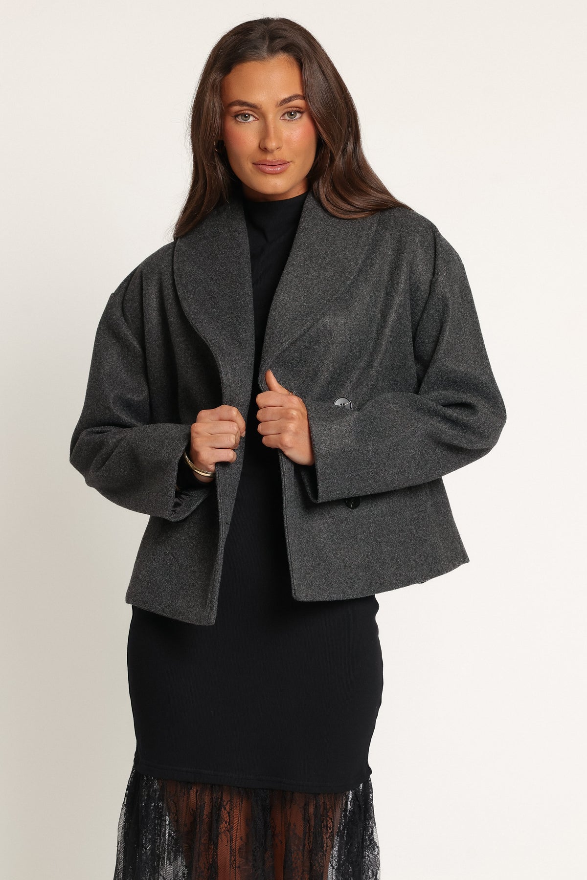 OUTERWEAR Darla Rolled Collar Car Coat - Charcoal Grey