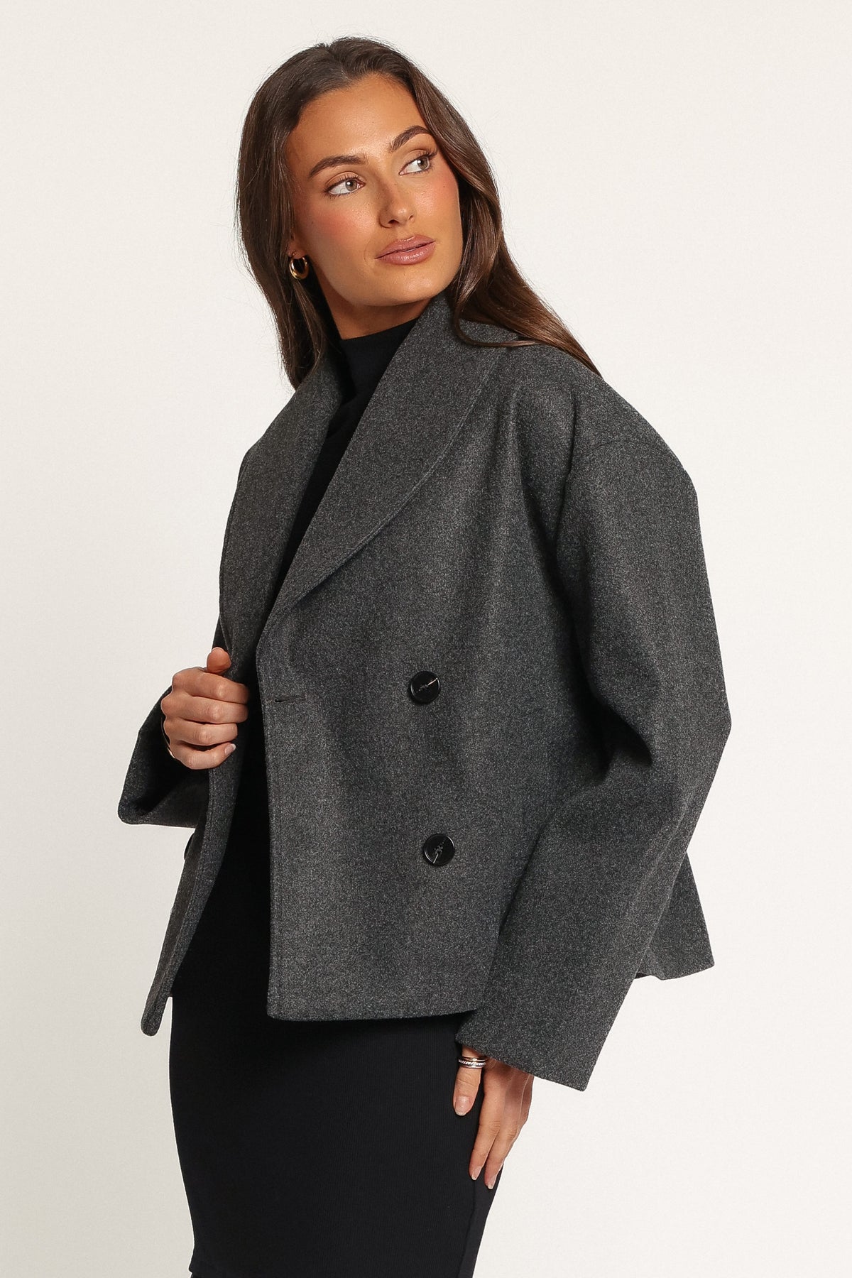 OUTERWEAR Darla Rolled Collar Car Coat - Charcoal Grey