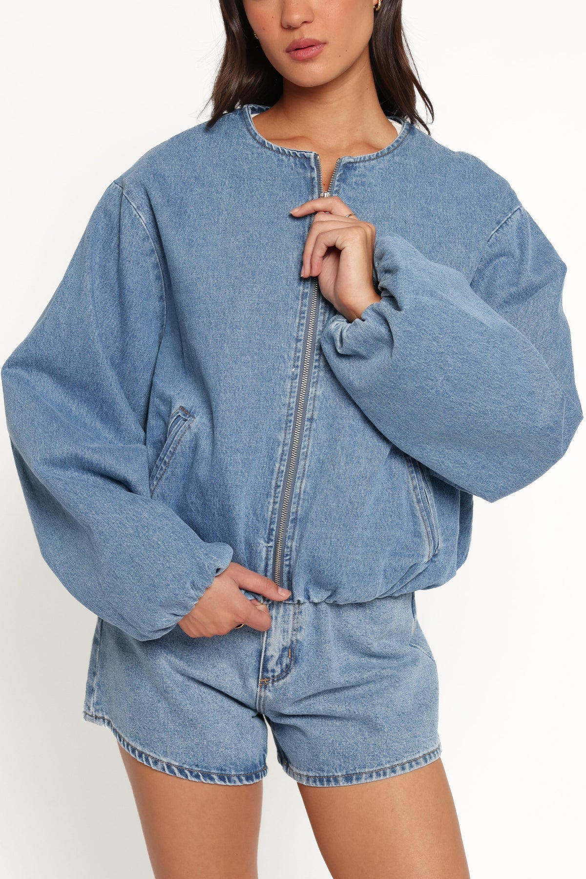 OUTERWEAR Elisa Cropped Bomber - Medium Wash Denim