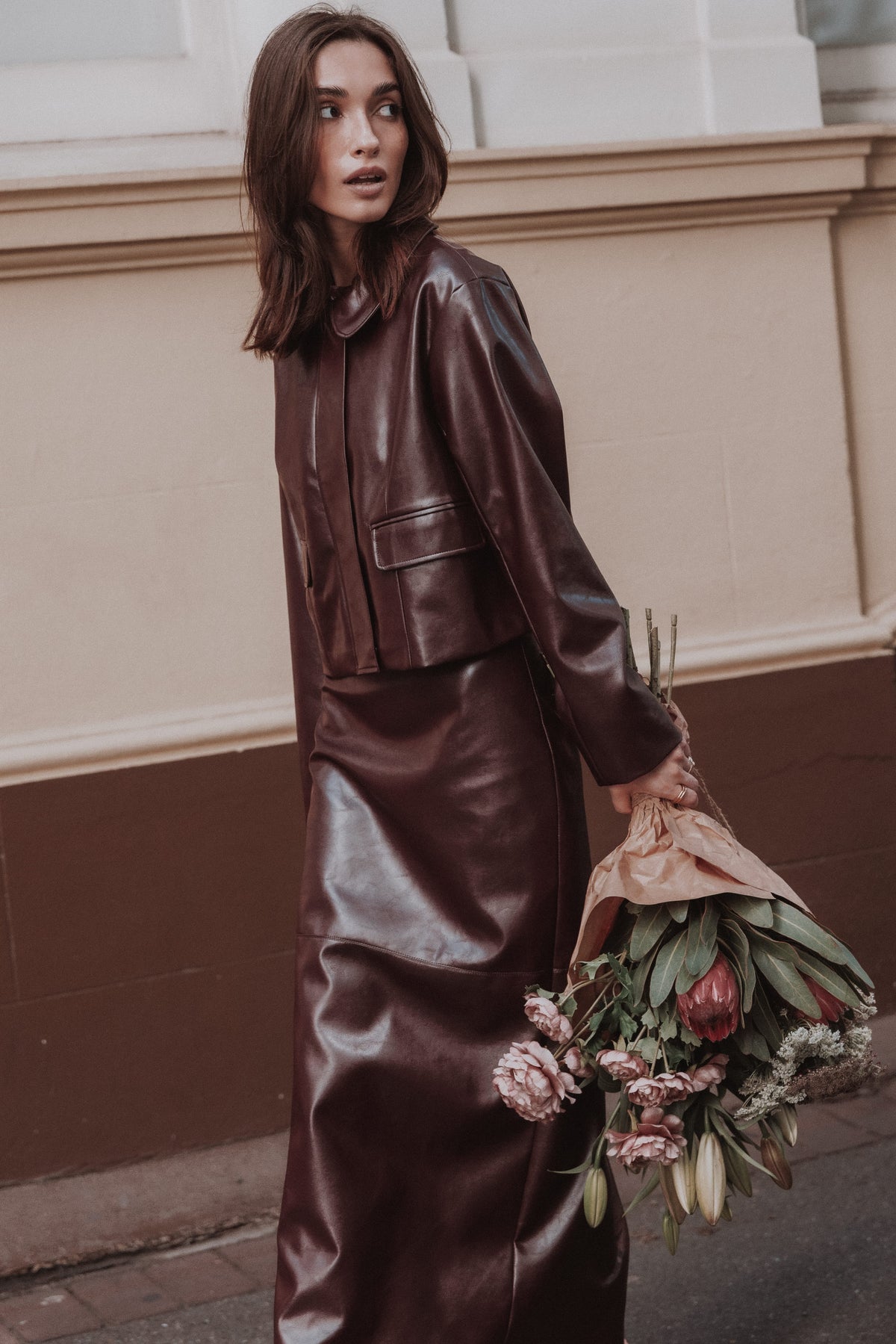 OUTERWEAR Haylie Crop Faux Leather Jacket - Burgundy