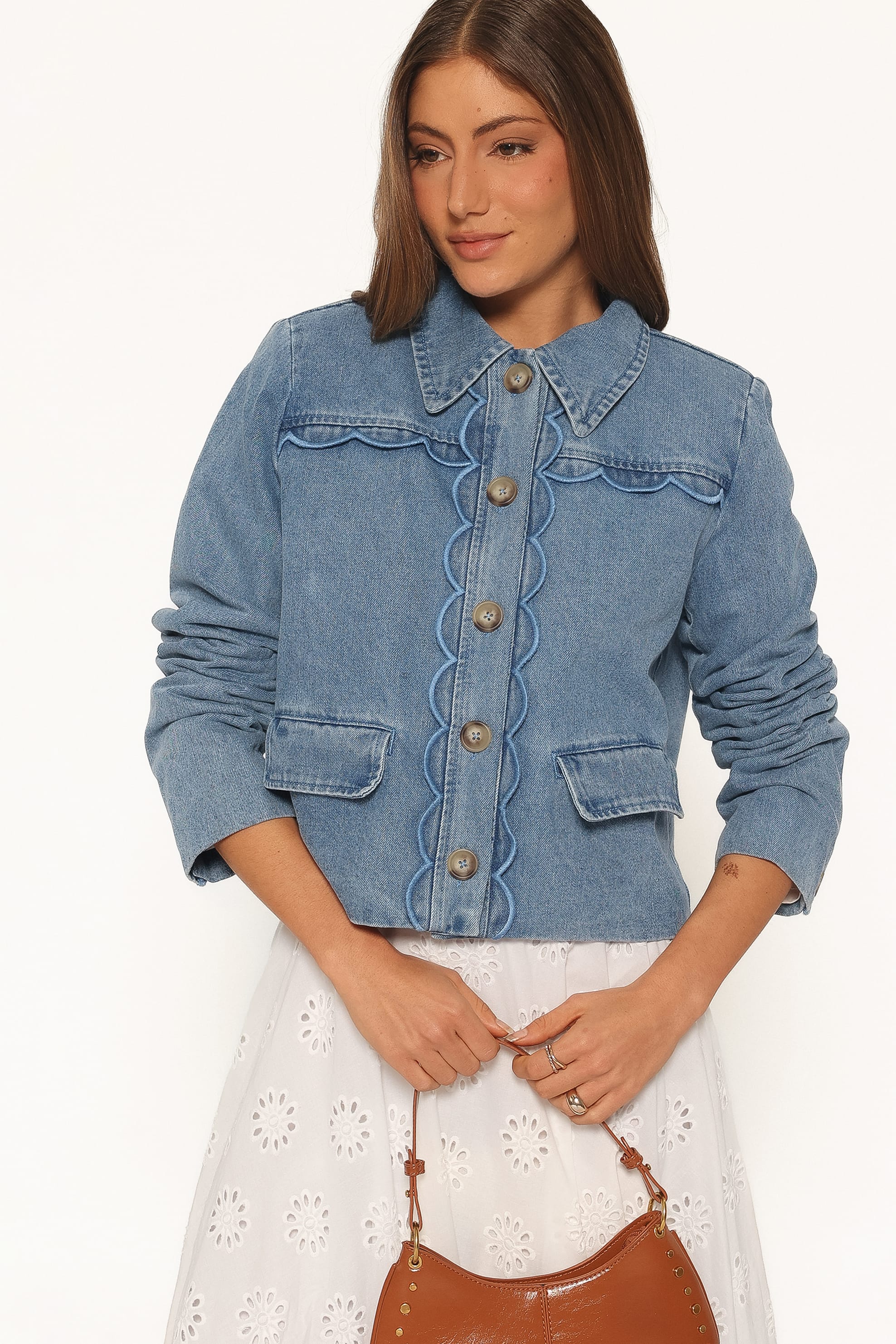 OUTERWEAR Heidi Scallop Trim Denim Jacket - Medium Wash