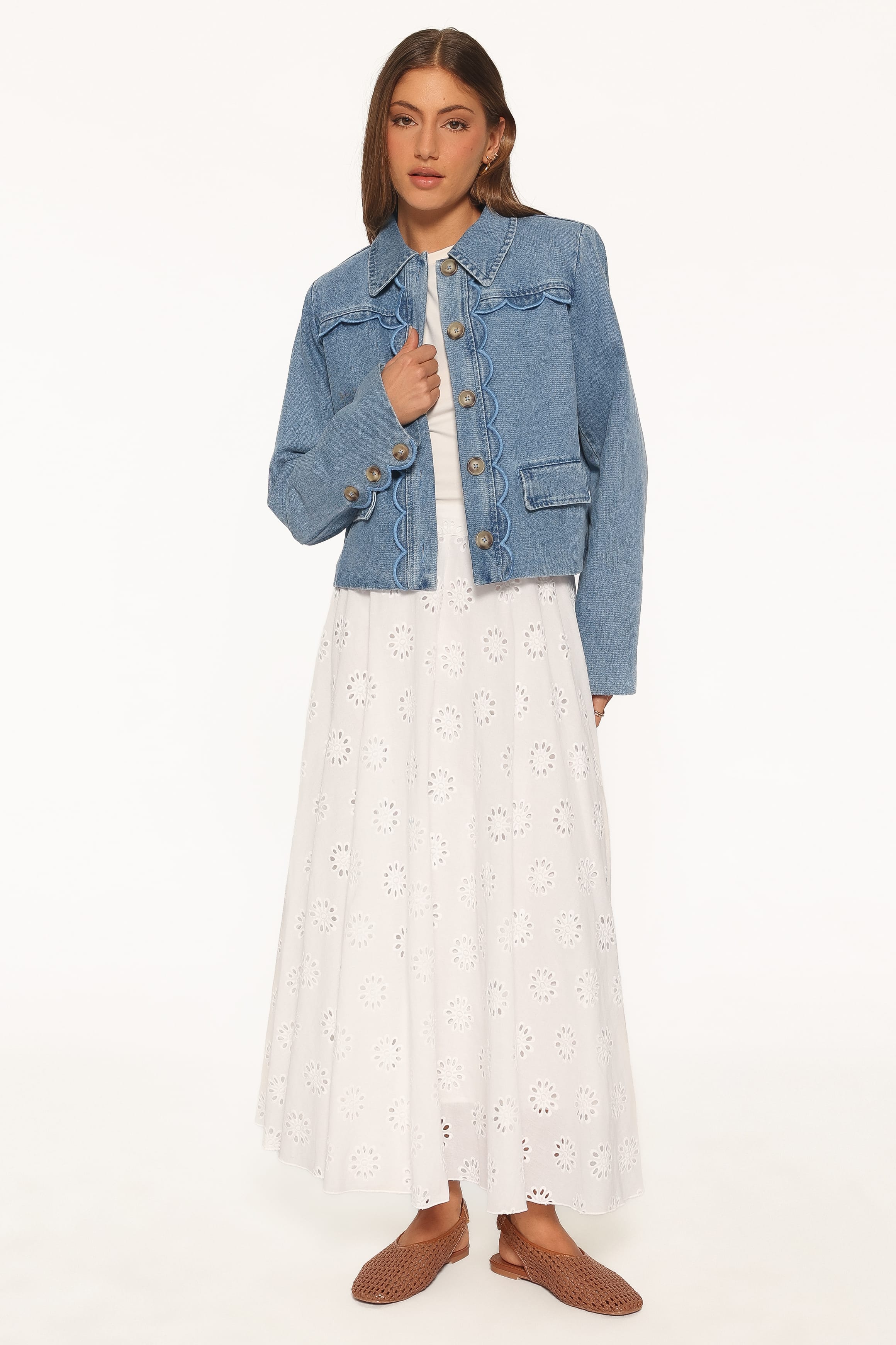 OUTERWEAR Heidi Scallop Trim Denim Jacket - Medium Wash