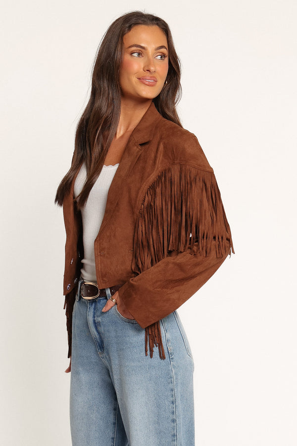 OUTERWEAR Kara Fringe Cropped Jacket - Chocolate Brown