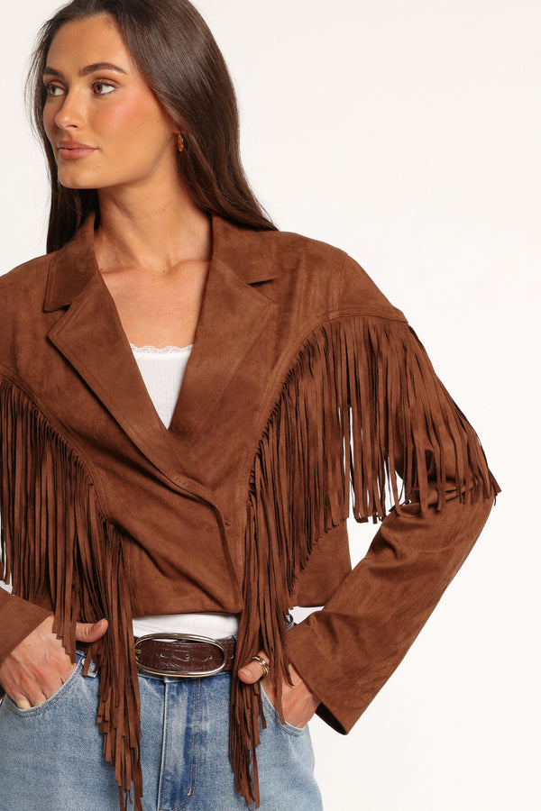 OUTERWEAR Kara Fringe Cropped Jacket - Chocolate Brown