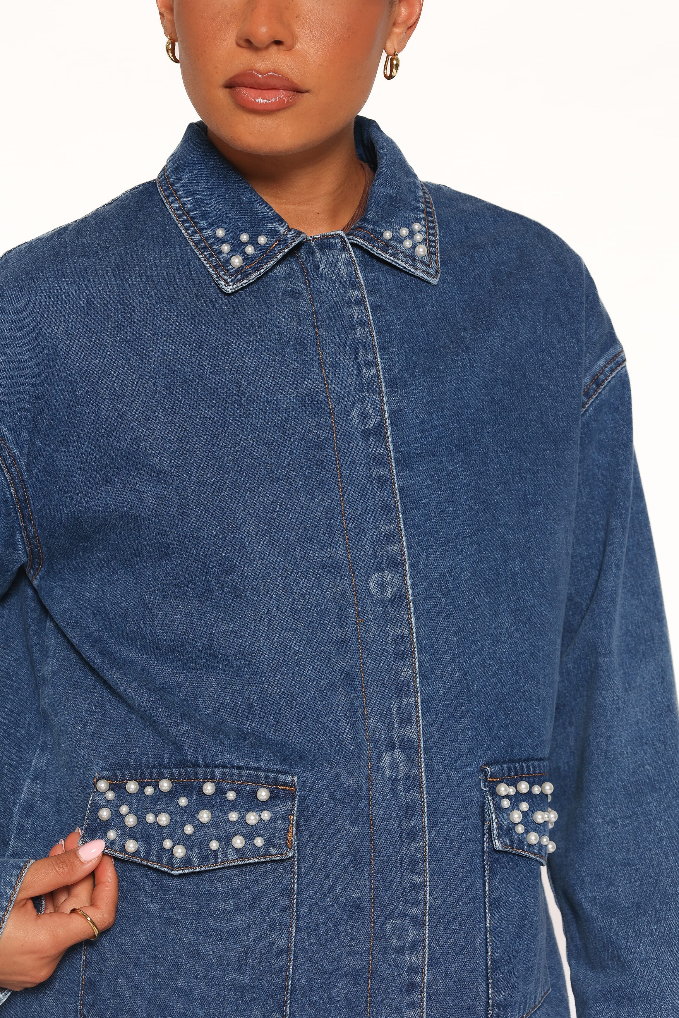 OUTERWEAR Mandie Pearl Trim Denim Shacket - Indigo