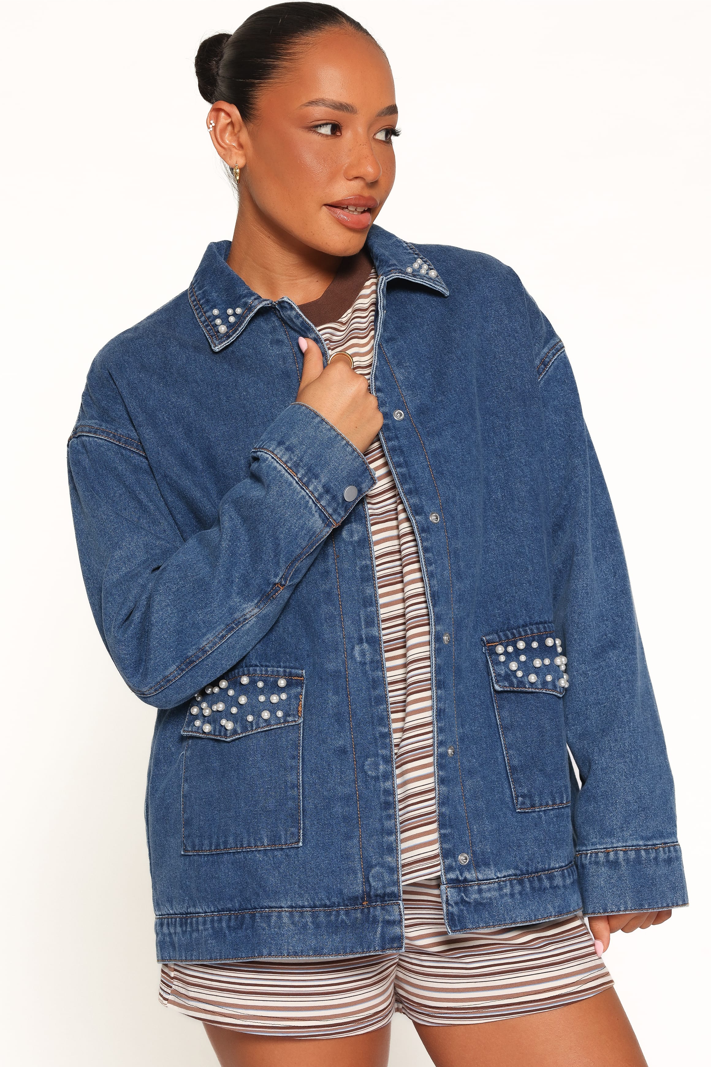 OUTERWEAR Mandie Pearl Trim Denim Shacket - Indigo
