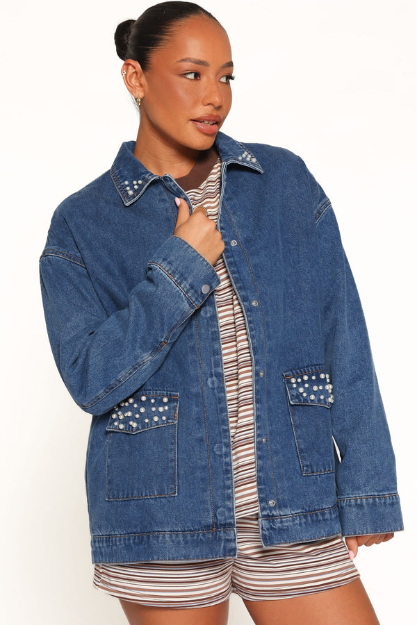 OUTERWEAR Mandie Pearl Trim Denim Shacket - Indigo